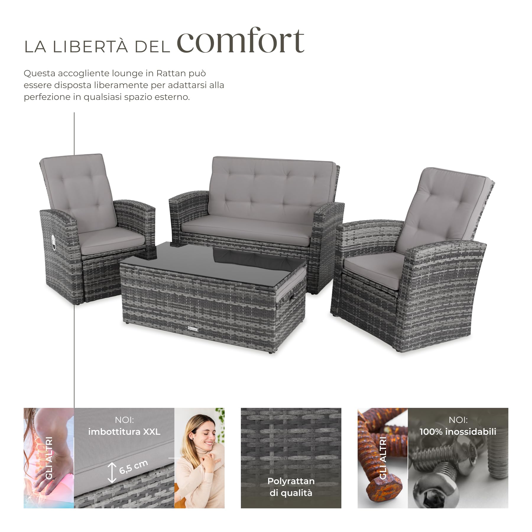 tectake® Set Salotto da Giardino Esterno in Rattan Bari, Telaio in Alluminio, Divano da Esterno e Poltrone da Giardino Regolabili, Imbottiture Idrorepellenti, Tavolo da Giardino con Vetro - Grigio
