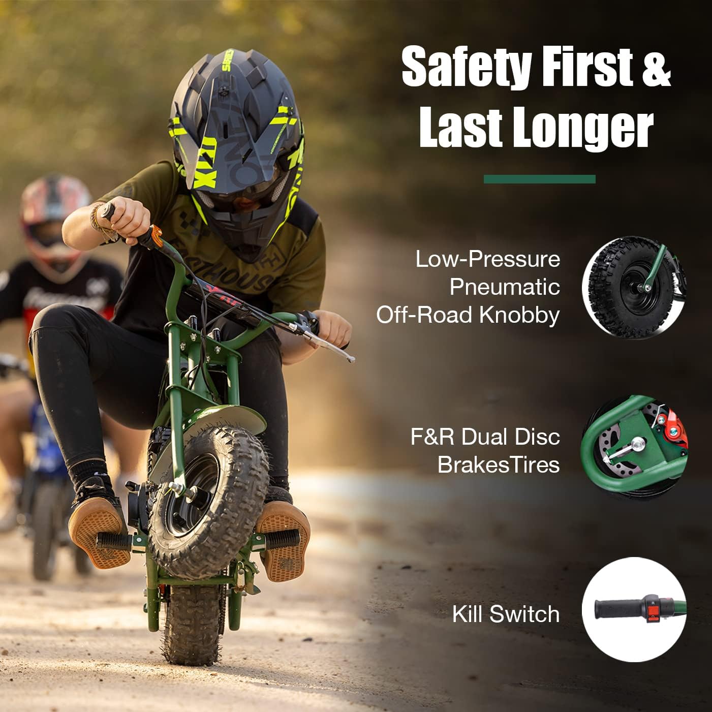 FRP DB003 50CC 2-Stroke Kids Dirt Bike with Training Wheels Kit, Gas Powered Mini Off Road, 18 MPH Max Speed, 160 LBS Capacity, Compatible with 5.9"-10" Ground Clearance,Green