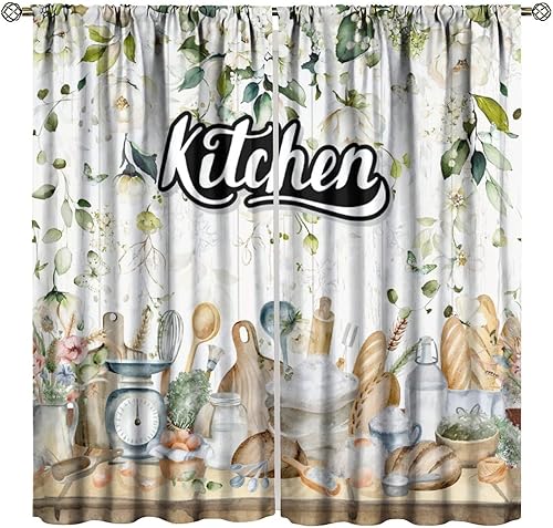 Miniatura 14 de Cortinas de cocina estilo retro, 2 paneles con bolsillo para cortinero, decoración de dormitorio, cocina, cafetería, 42 pulgadas de ancho x 45