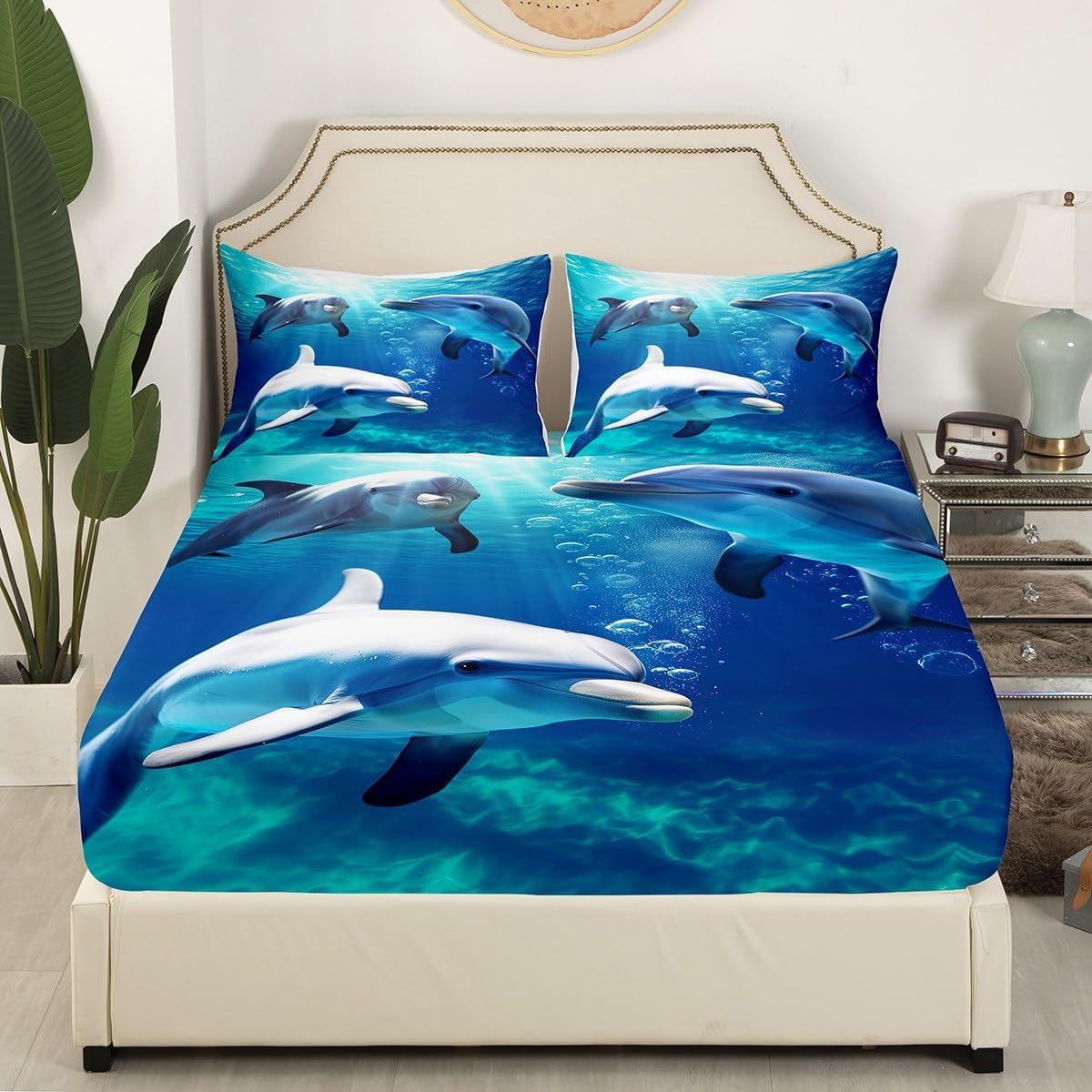 Cute Dolphin Bed Sheets Set King Size, 3D Dolphin Sheets for Kids Boys Girls Teens Ocean Themed Room Decor, Blue Sea Wave Sheet Set, Sea Animals Underwater World Top Sheet with Pocket, 4 Pieces