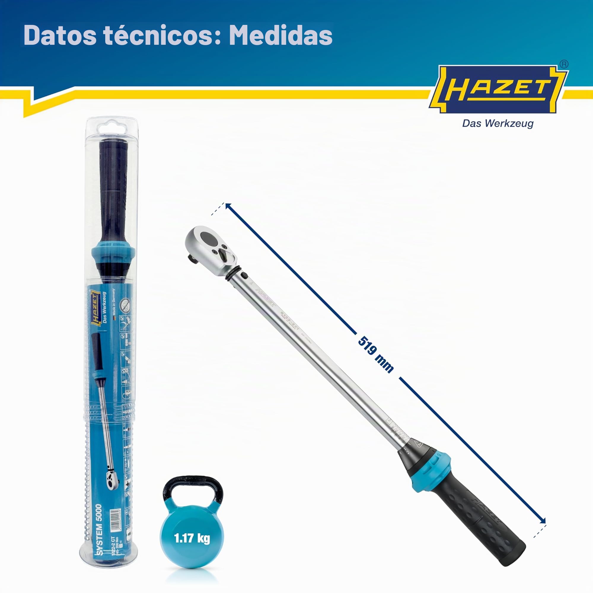 Hazet Llave dinamométrica 5122-2CT I Salida: cuadrado 12,5 mm, 1/2 pulgada, tolerancia: 4%, 32 dientes I Carraca reversible para coche y bicicleta I 519mm