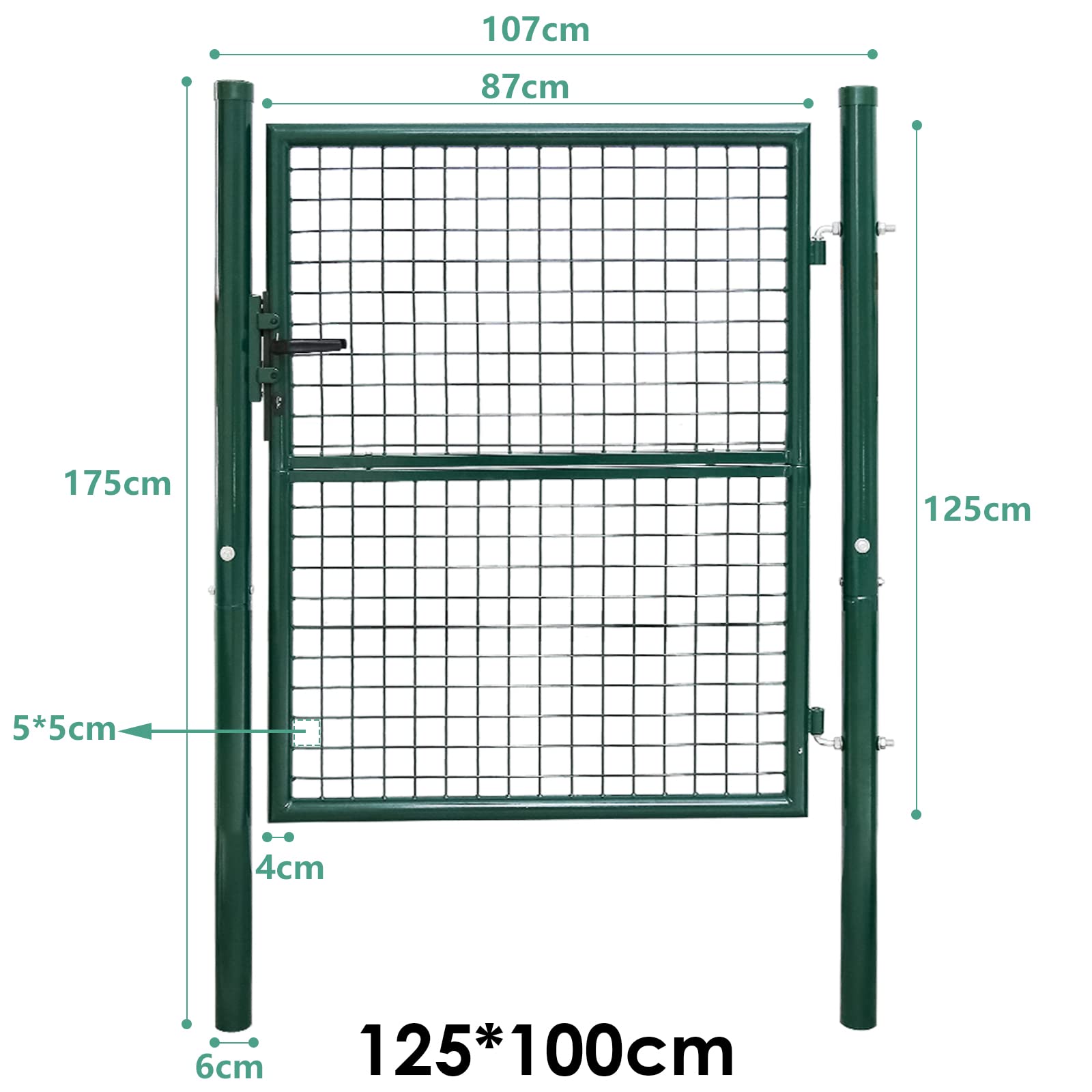 Randaco 125 x 100 cm brama ogrodowa, drzwi z ocynkowanej stali wraz z uchwytem, zamkiem i 3 kluczami, wytrzymała i trwała metalowa furtka z płotem ogrodowy, zielona