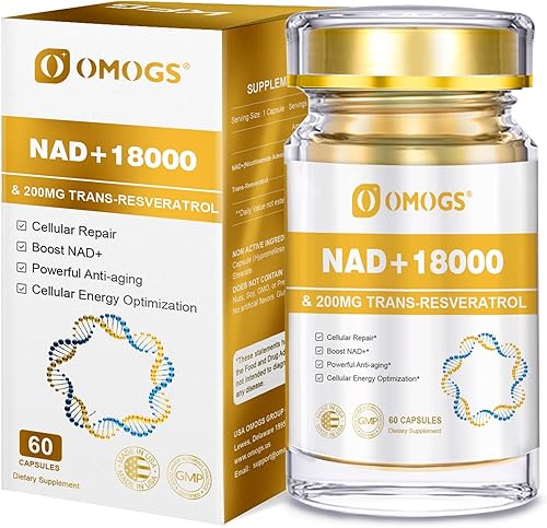 OMOGS NAD+ 300 mg + Trans-Resveratrol 200 mg, suplemento puro de NAD, absorción máxima, suplemento estimulante para reparación del ADN,