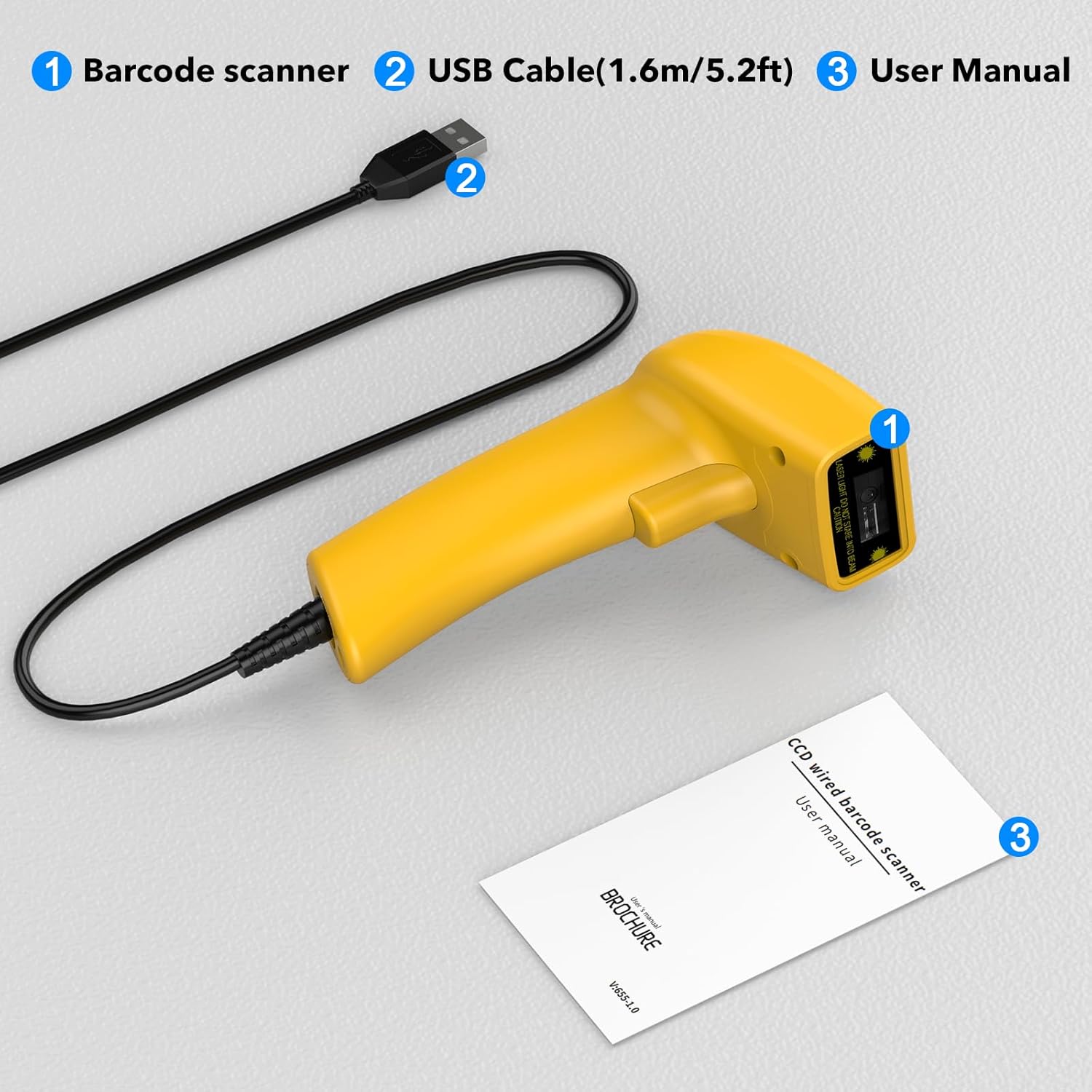Symcode 1D Barcode Scanner, USB Cable, and User Manual