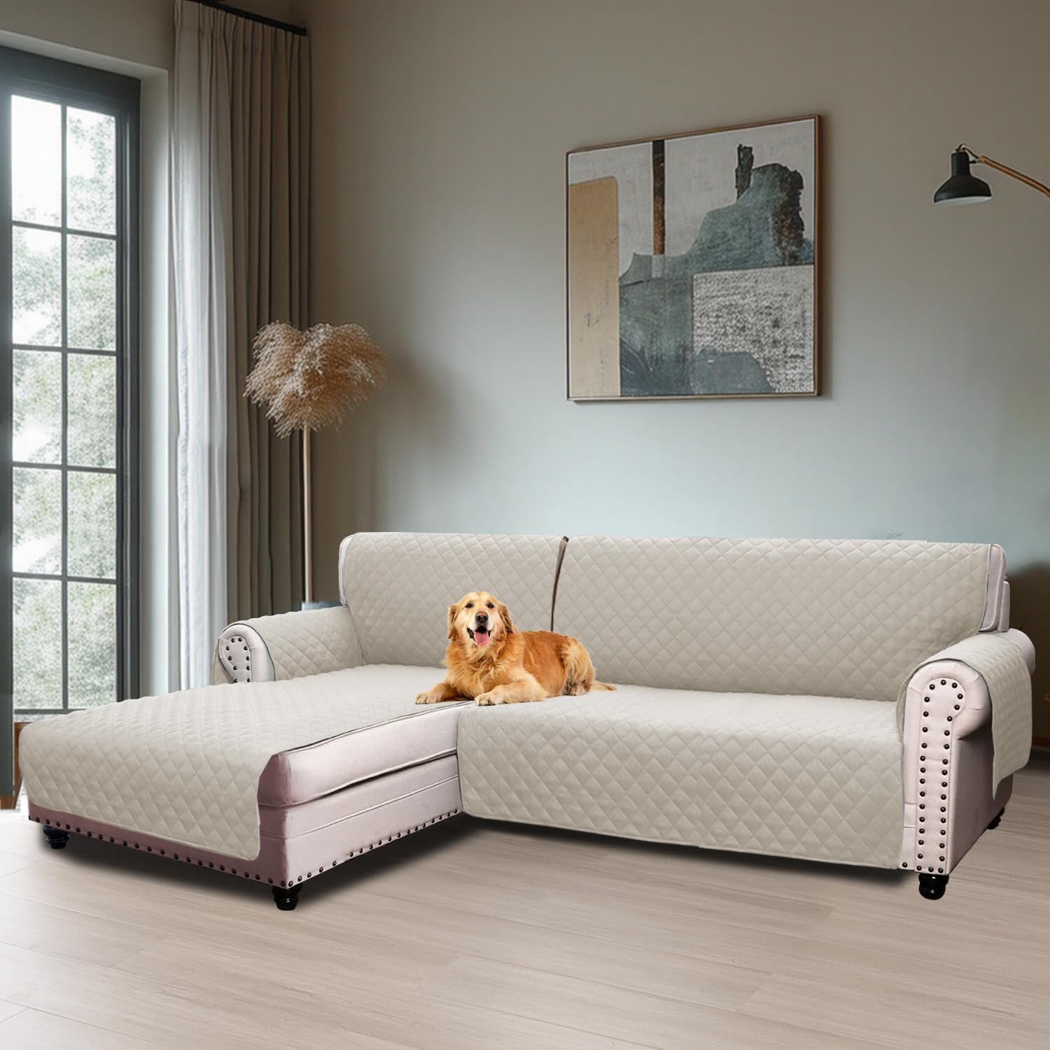 Long Chaise Sofa Cover, 3 Seater Sofa Cover, Padded Right Arm Chaise Longue Sofa Cover, L Shape 247 cm, Sofa Protector, White OEKO-TEX STANDARD 100