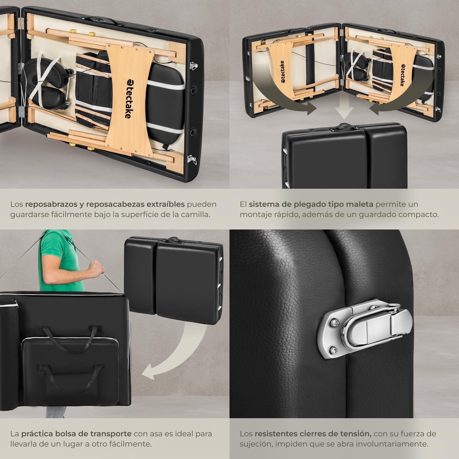 tectake® Camilla Masaje Plegable de Madera, Camilla Profesional para Fisioterapia, Quiromasaje, Tatoos, Reiki, con Taburete, Cojines y Bolsa Transporte - Negro
