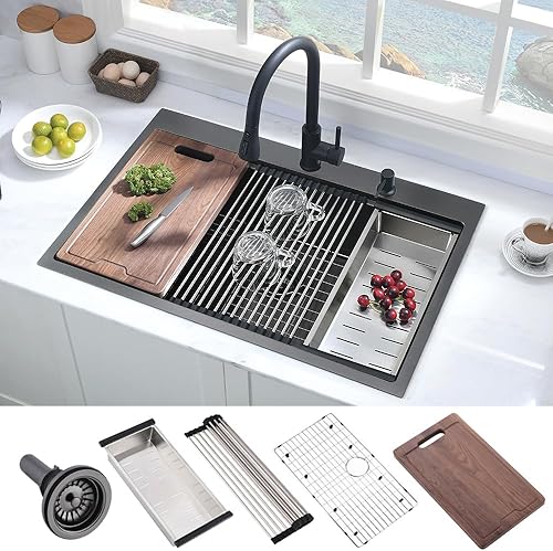 Hovheir - Fregadero de cocina negro de 25 pulgadas con caída en la parte superior, fregadero de cocina de 25 x 20 pulgadas, fregadero de cocina de