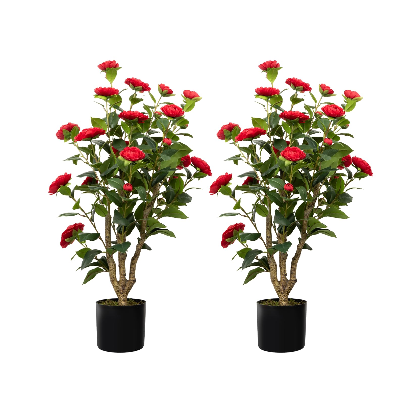 Artificial Camellia Tree 2 Packs, 38” Faux Camellia Plant in Pot with Red Flowers, Greenery Camellia Tree for Spring Home Front Door Outdoor Indoor Decoration, Red
