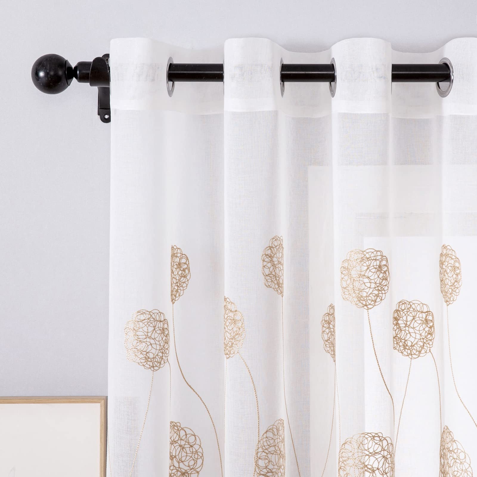 MIULEE Rideau Voilage Blanc à Oeillets avec Or Motif Broderie, Lot de 2 Rideaux Tulle Transparent 140x225cm pour Salon Chambre