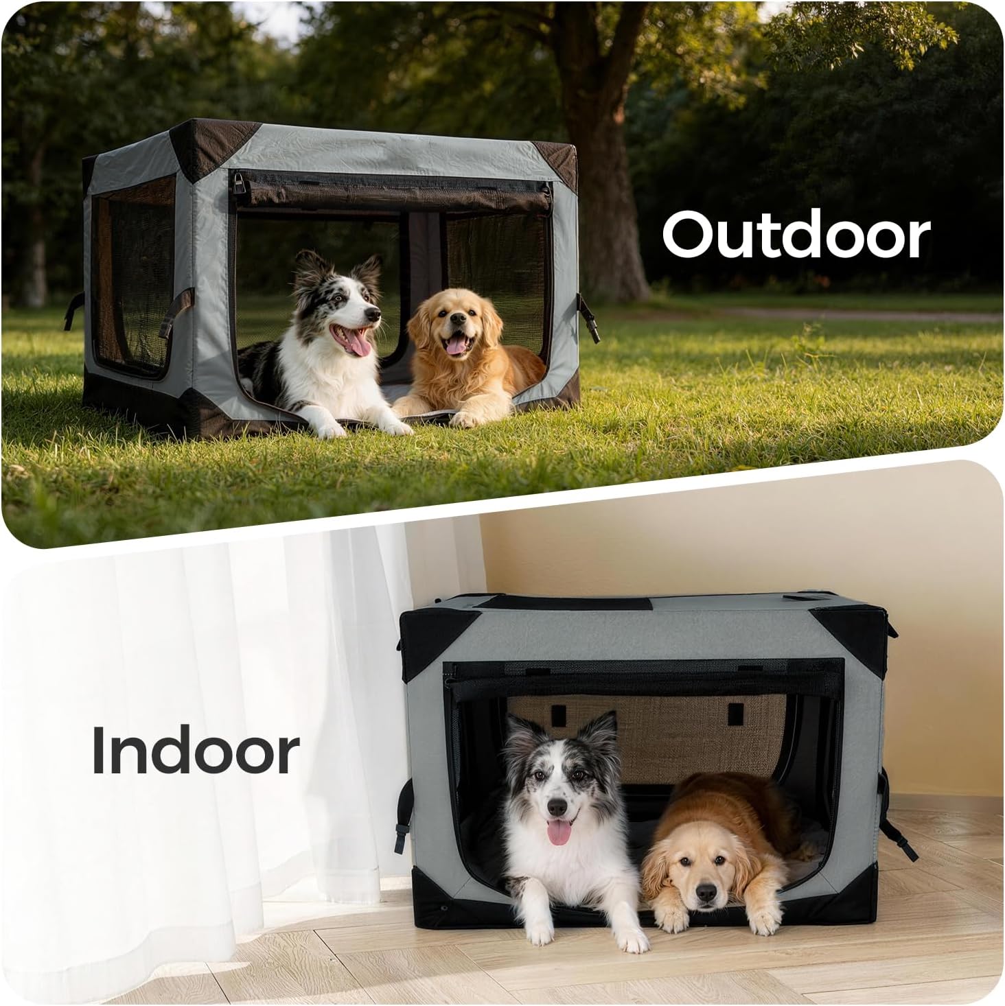 30 Inch Soft Collapsible Crate for Medium Dogs, 4-Door Portable Foldable Soft Kennel with Chew Proof Mesh Windows for Indoor & Outdoor Travel Grey