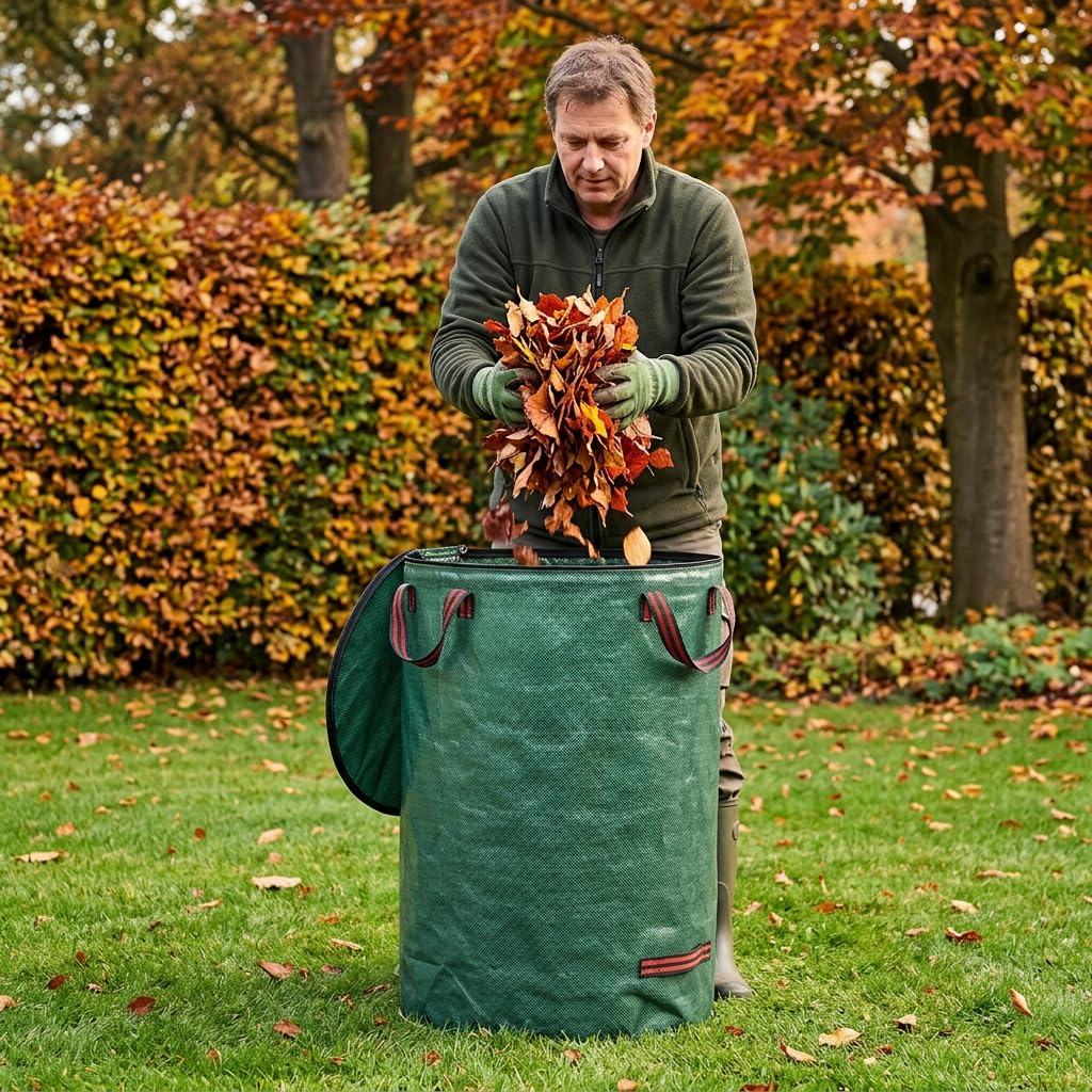 Sacco per rifiuti da giardino, 120 l, con coperchio, set da 2 pezzi, impermeabile, in tessuto PP, pieghevole e riutilizzabile, con manici e passanti per terreno, ideale per erba, foglie, taglio verde