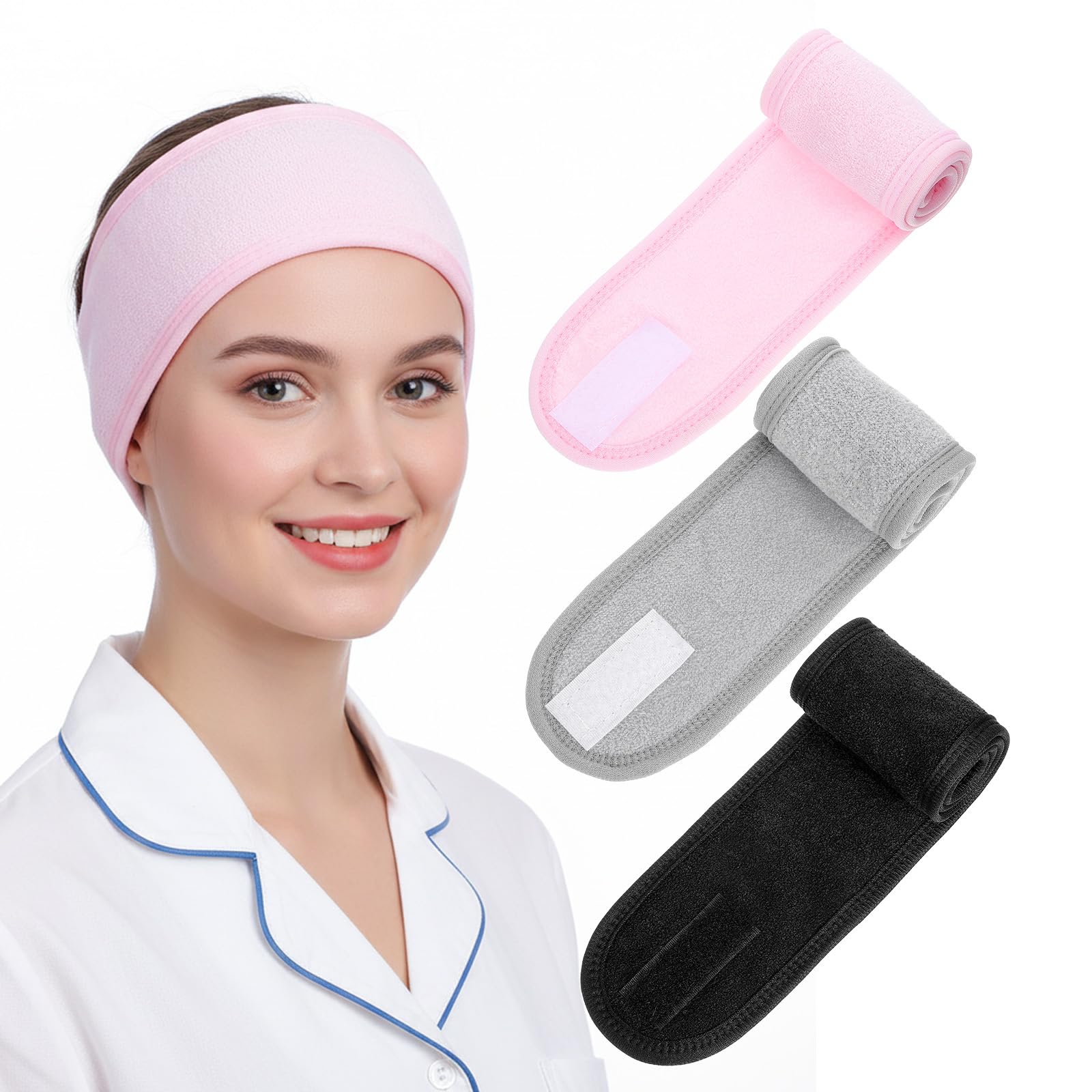 3PCS Spa Facial Headband for Women, Adjustable Terry Cloth Headband Soft Stretchable Hair Wrap Non-Slip Spa Headbands for Face Washing, Makeup and Shower