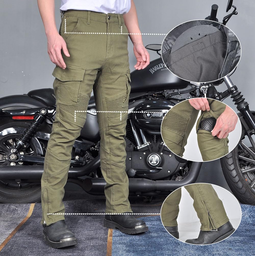 Men's Motorcycle Riding Pants Denim Jeans Protect Pads Equipment with Knee and Hip Armor Pads ?Detachable CE Armor Pads Green