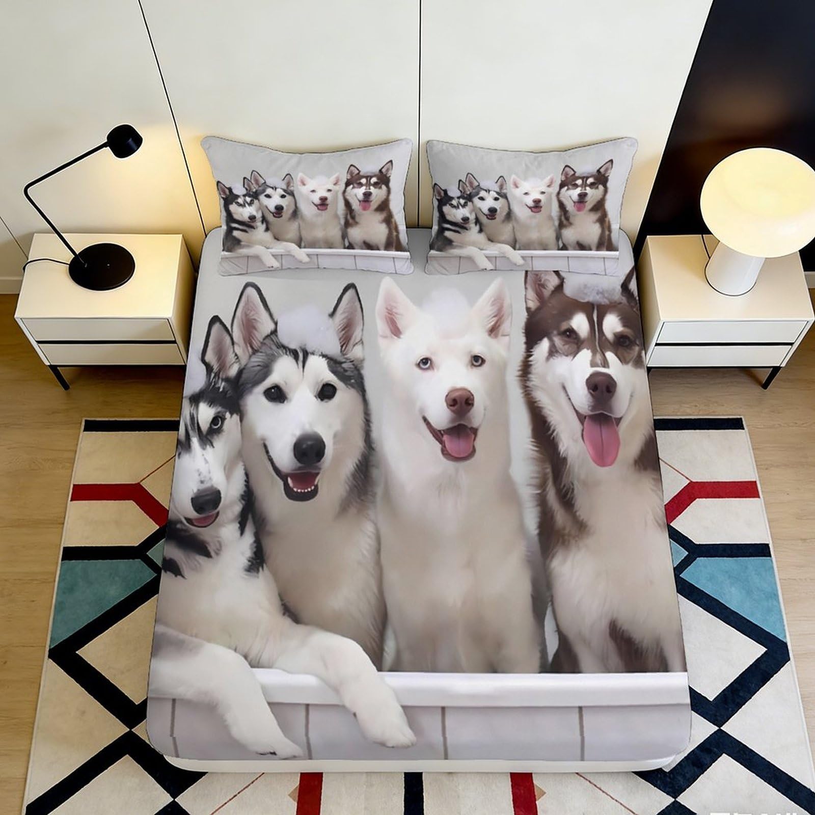 3D Printed Siberian Husky Fitted Sheet Microfiber Soft Durable Happy Dogs Bed Cover for Bedroom Dormitory Guest Room Mattress Protection Decor 180x200x25cm