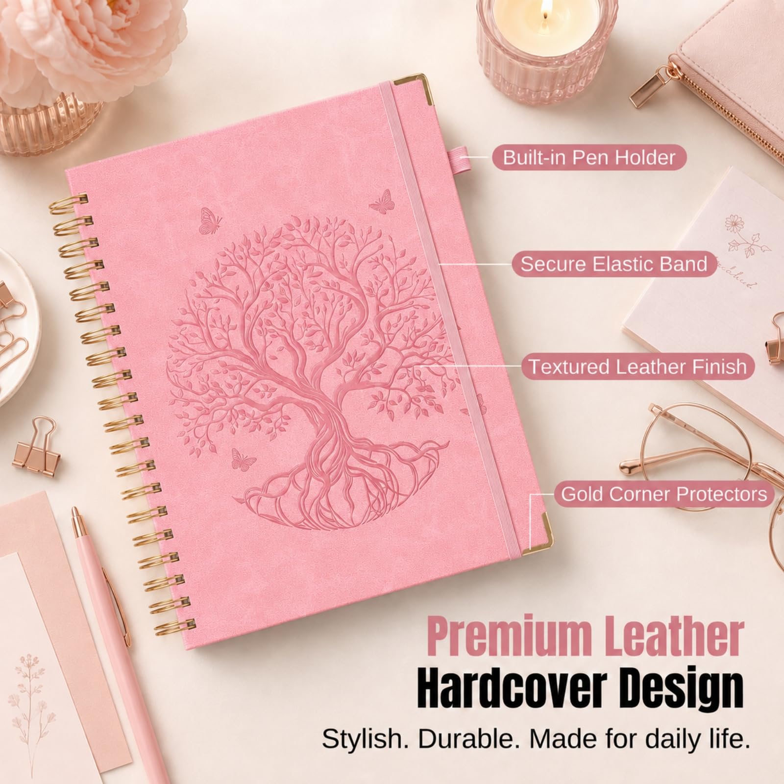 Quaderno a spirale con 5 divisori rimovibili, 21,6 x 27,9 cm, a righe, 300 pagine, copertina rigida, diario in pelle per donne e uomini, senza sbavature, quaderni per lavoro e scuola, rosa