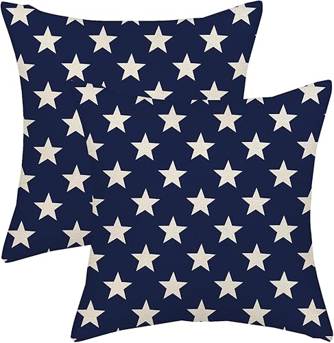 AGAYNA Juego de 2 fundas de almohada para el 4 de julio, 18 x 18 pulgadas, diseño de estrellas patrióticas azules y crema, para decoración de