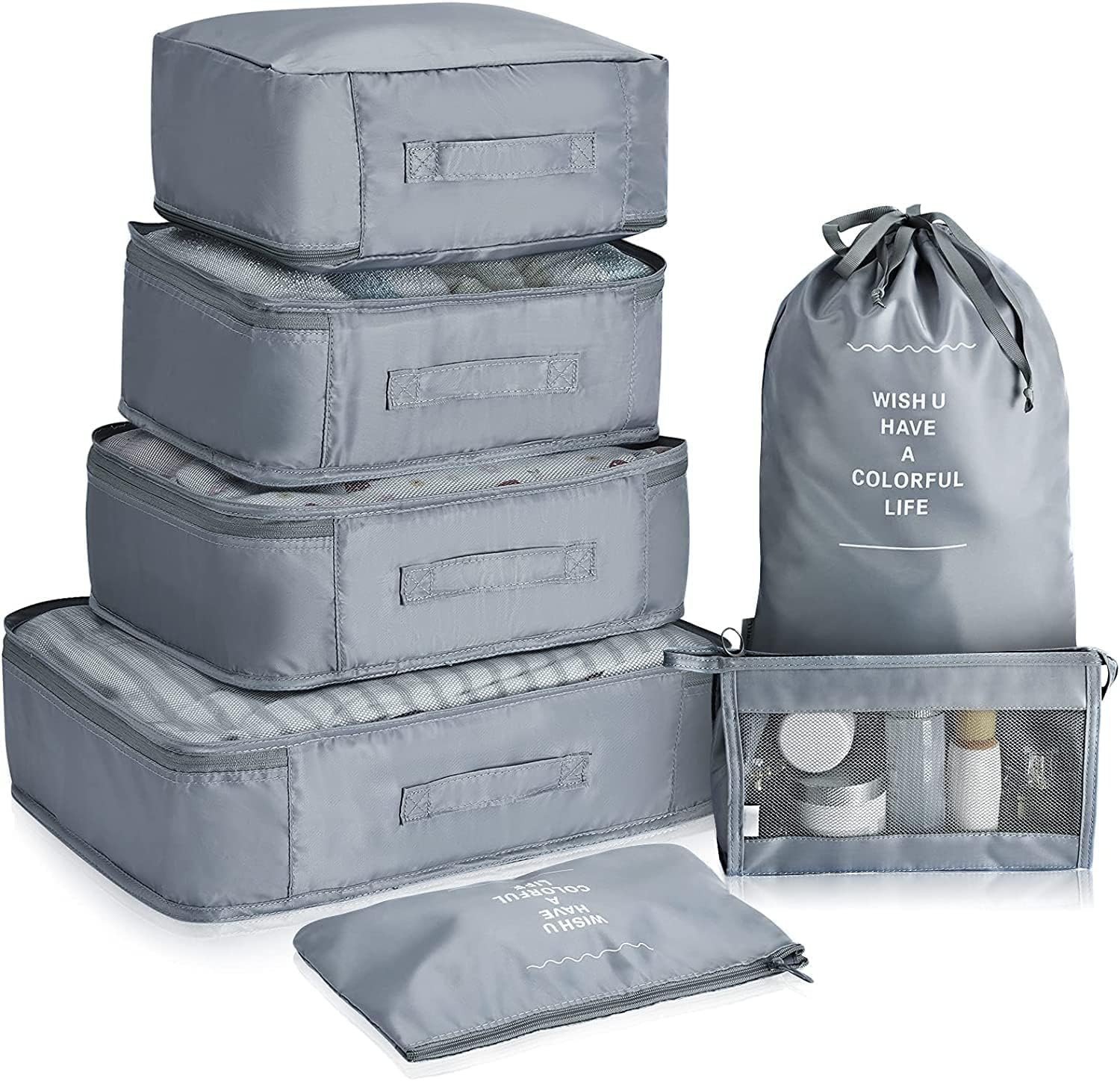 TEKCOOL Organizer Pouch, Packing Cube Set, Grey, Nylon, Zipper Closure, 7-Piece, Rectangular, Travel Organizer Set, Storage Bag-image-14