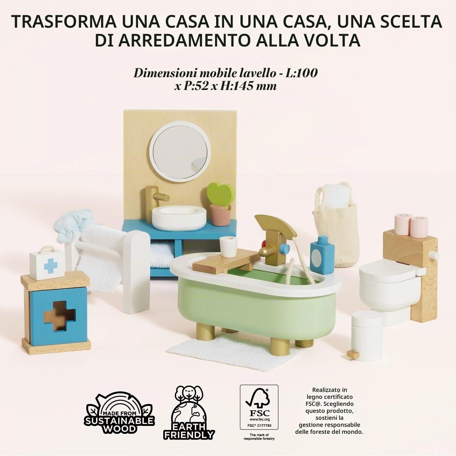 Le Toy Van Bagno per casa delle bambole, 3 anni, gioco educativo, Set mobili di legno 19 pezzi, giocattoli ecologici, Montessori, include accessori per la stanza da bagno