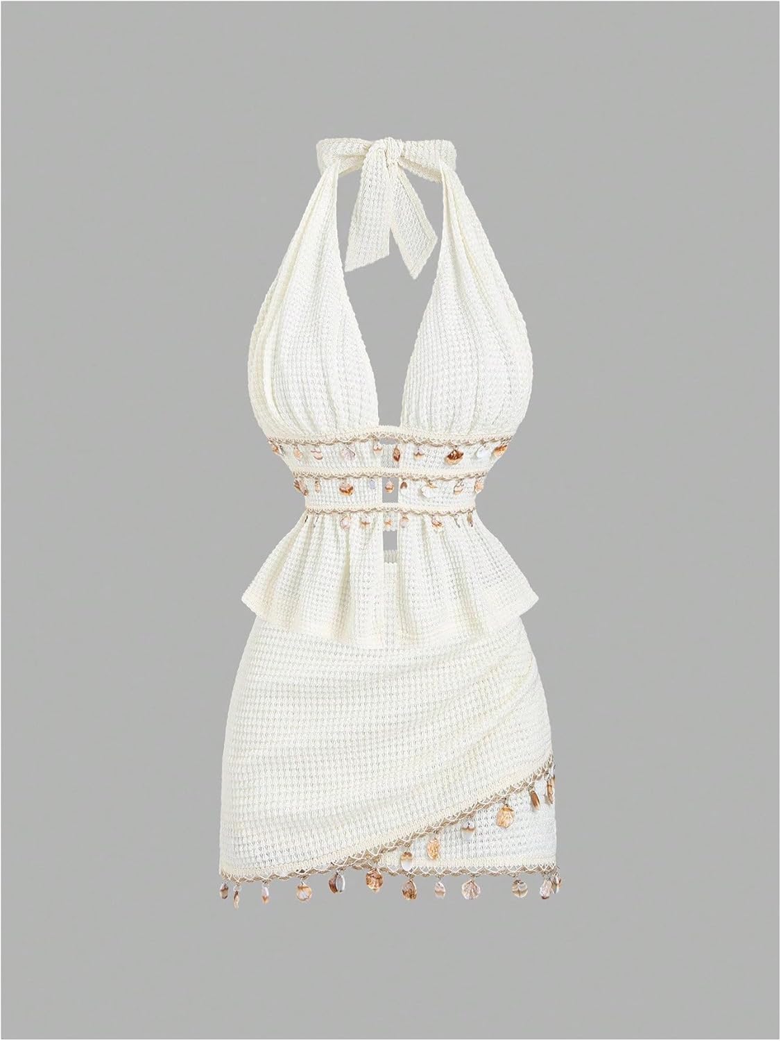 GORGLITTER Women's 2 Piece Sets Fringe Crochet Seashell Halter Backless Crop Top and Wrap Mini Skirt East Coast Outfits - Image 6