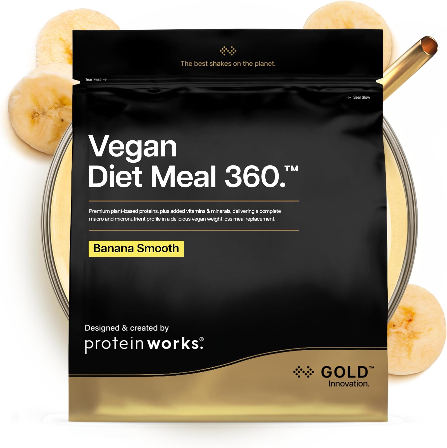 Protein Works | Vegan Diet Meal 360 - GOLD Innovation, Vegan Protein, Diet Meal Replacement Shake, Supports Healthy Weight Loss, Low Sugar, High Fibre, Banana Smooth, 14 Meals, 1kg