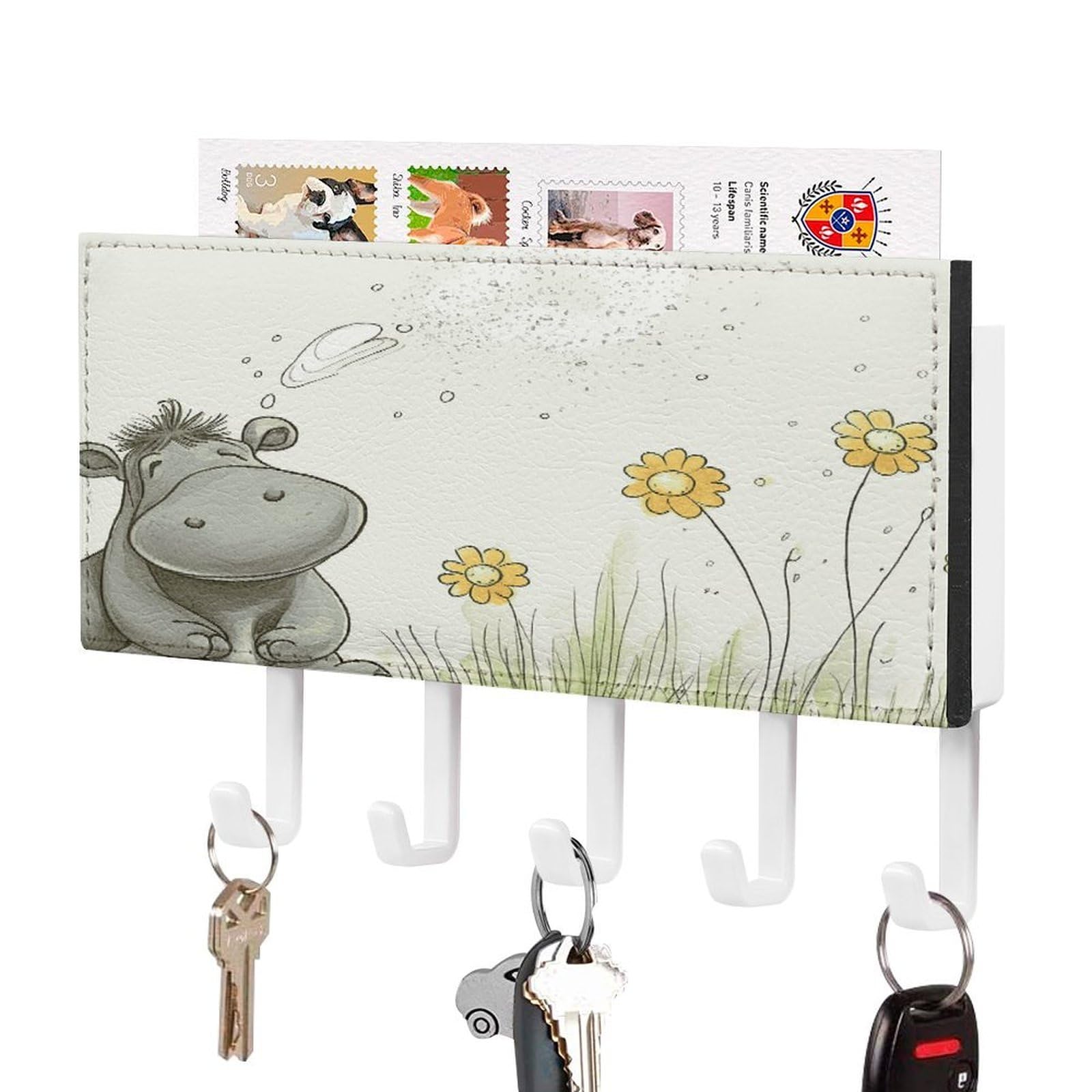 JTREHY Hippo and Dandelion Key Holder Wall Mount Decorative Key and Mail Holder PU Leather Adhesive Key Organizer Hanging Key Hooks Wall Shelf with 5 Hooks for Entryway Hallway Office
