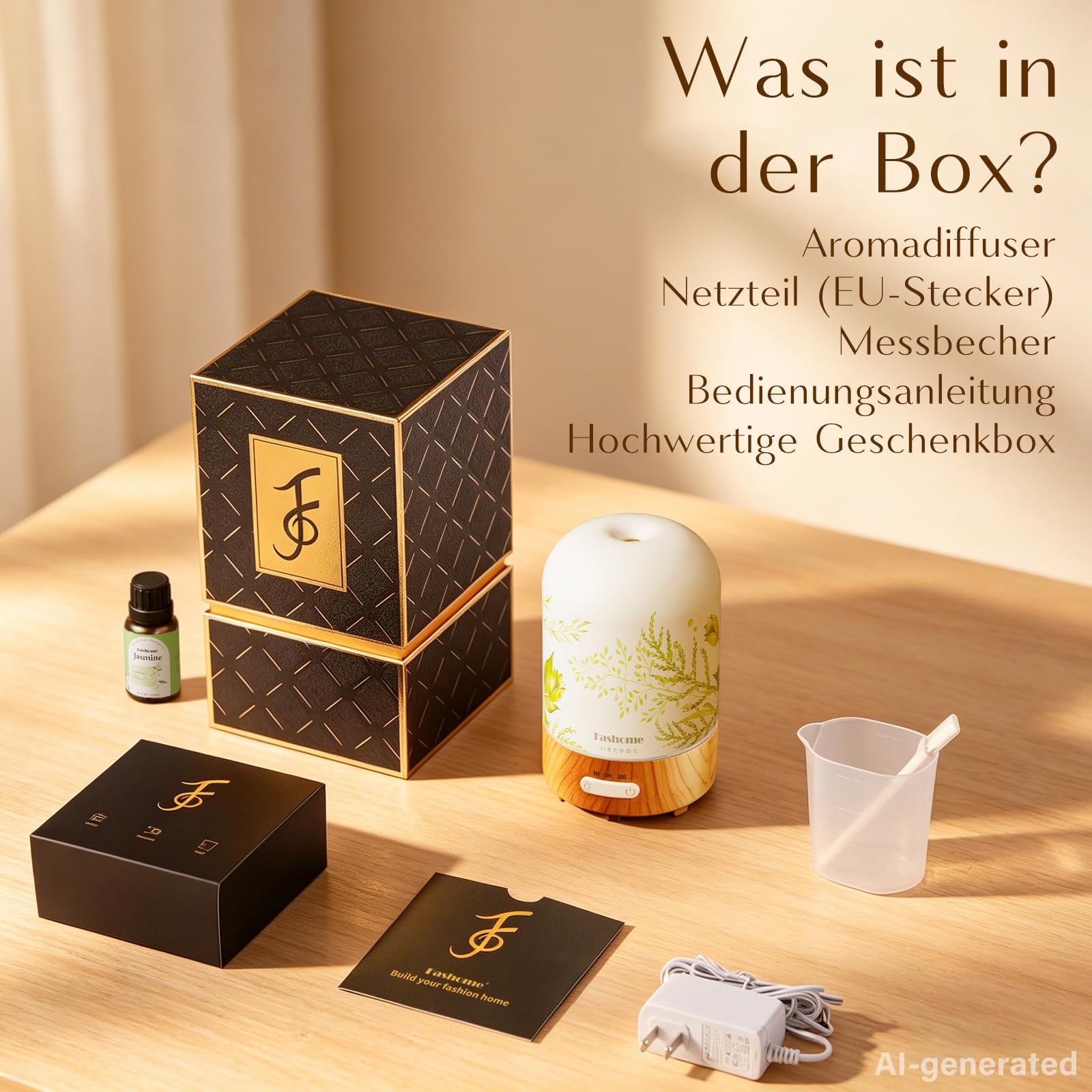 Aroma Diffuser 100ml Glas handgefertigt, Sommer-Edition Jasmin, Inkl. 10ml Jasmin-Öl, Ultraschall Diffusor für ätherische Öle, Leise Luftbefeuchter Warmlicht & Abschaltautomatik, Geschenk-Set