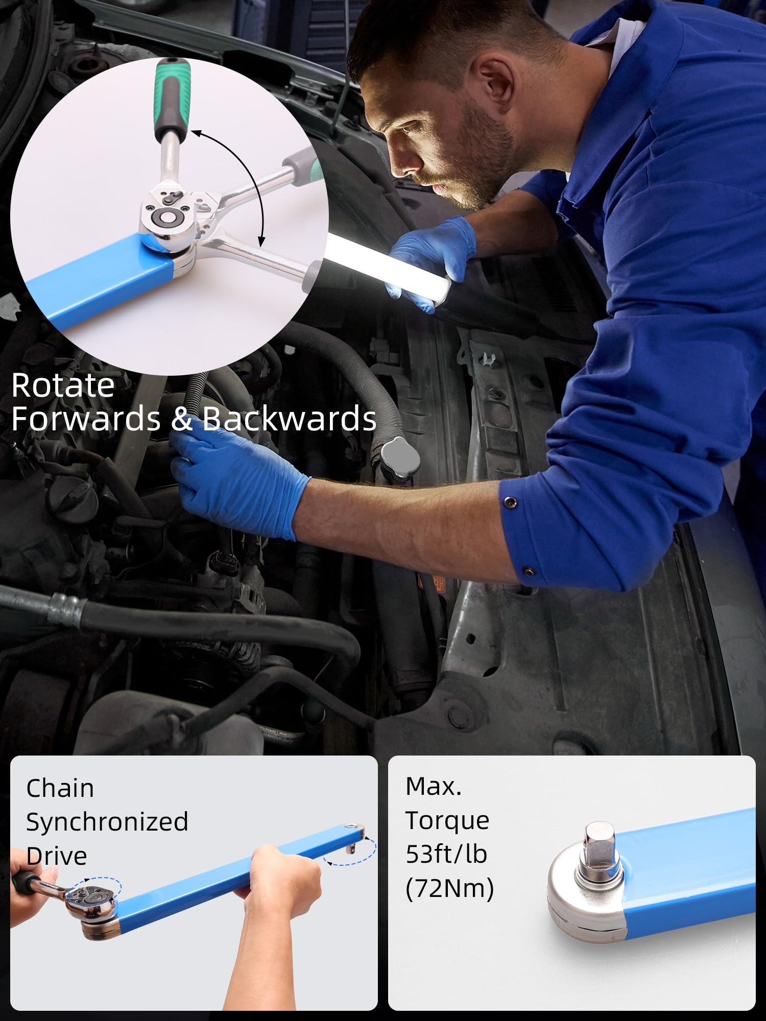 Offset Extension Wrench Set, 15.4 inch Zero Degree Ratchet with 1/2“, 3/8” and 1/4“ Square Drive Adapters, 2 Ratchet Adapters, 2 Extensions Bars, Designed for Multi-Purpose Use in Hard to Reach Places