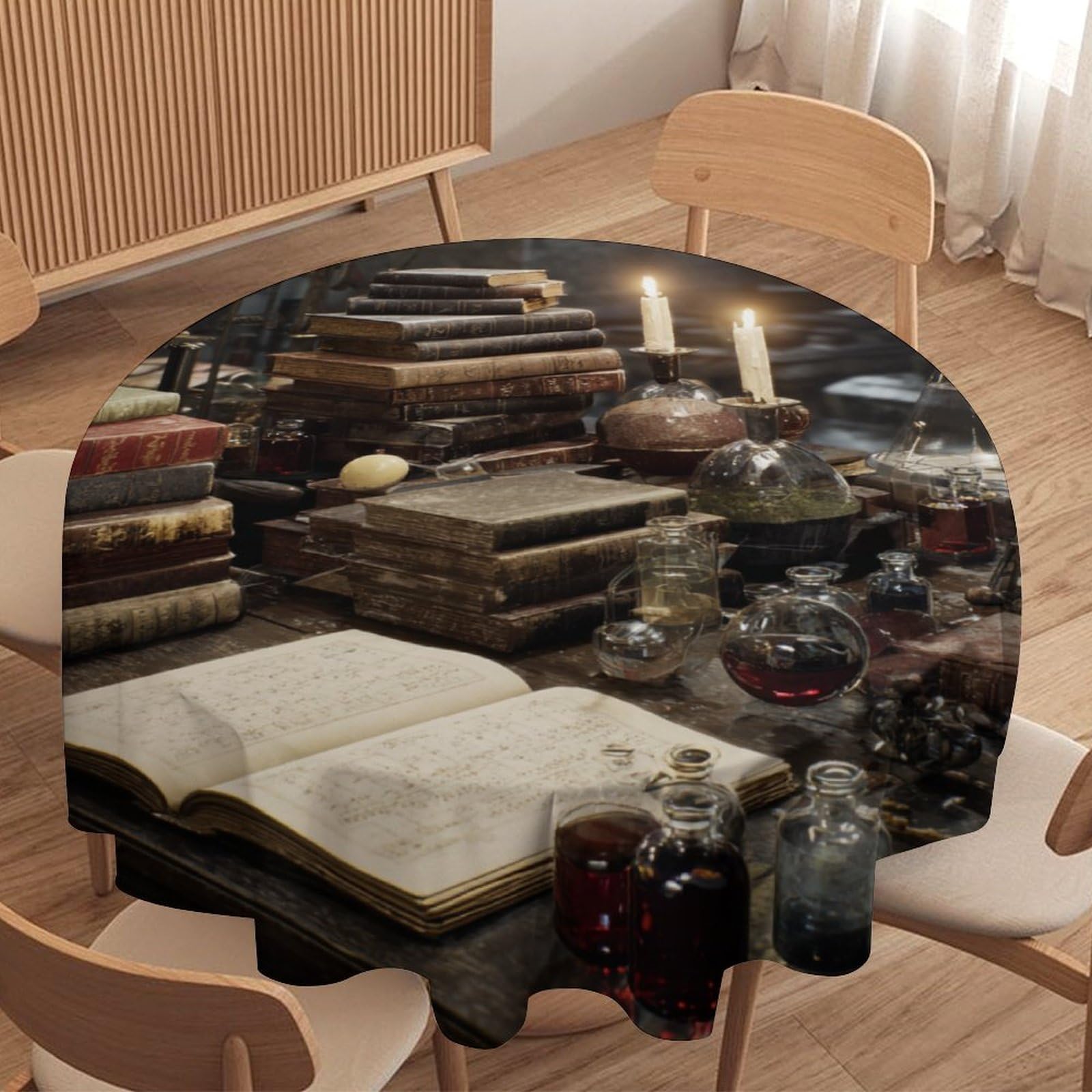 LUYYSKY Modern Realistic Vintage Bookshelf Waterproof Round Tablecloth Rustic Classic Gothic Ancient Castle Library Pattern Washable Table Cover for Kitchen-177.8" Wx177.8 L cm