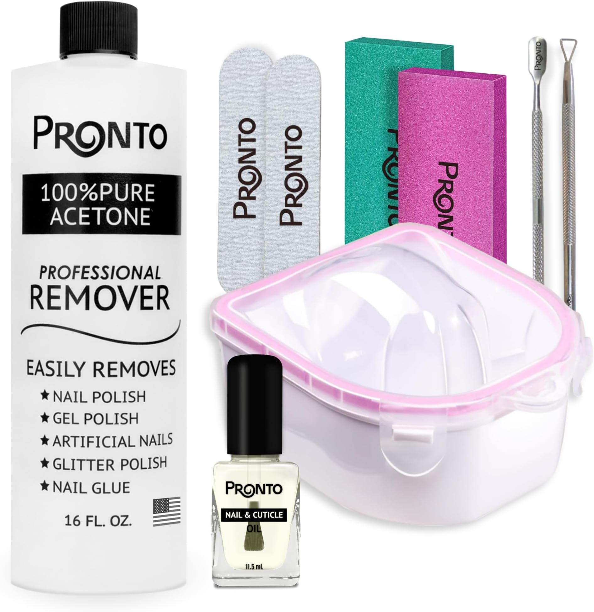 Pronto Gel Nail Polish Remover Kit - 16oz Pure Acetone, Nail Soaking Bowl, Moisturizing Cuticle Oil, Manicure Kit Including Gel Nail Polish Tools, Nail File, Nail Buffer, Cuticle Pusher & Nail Scraper