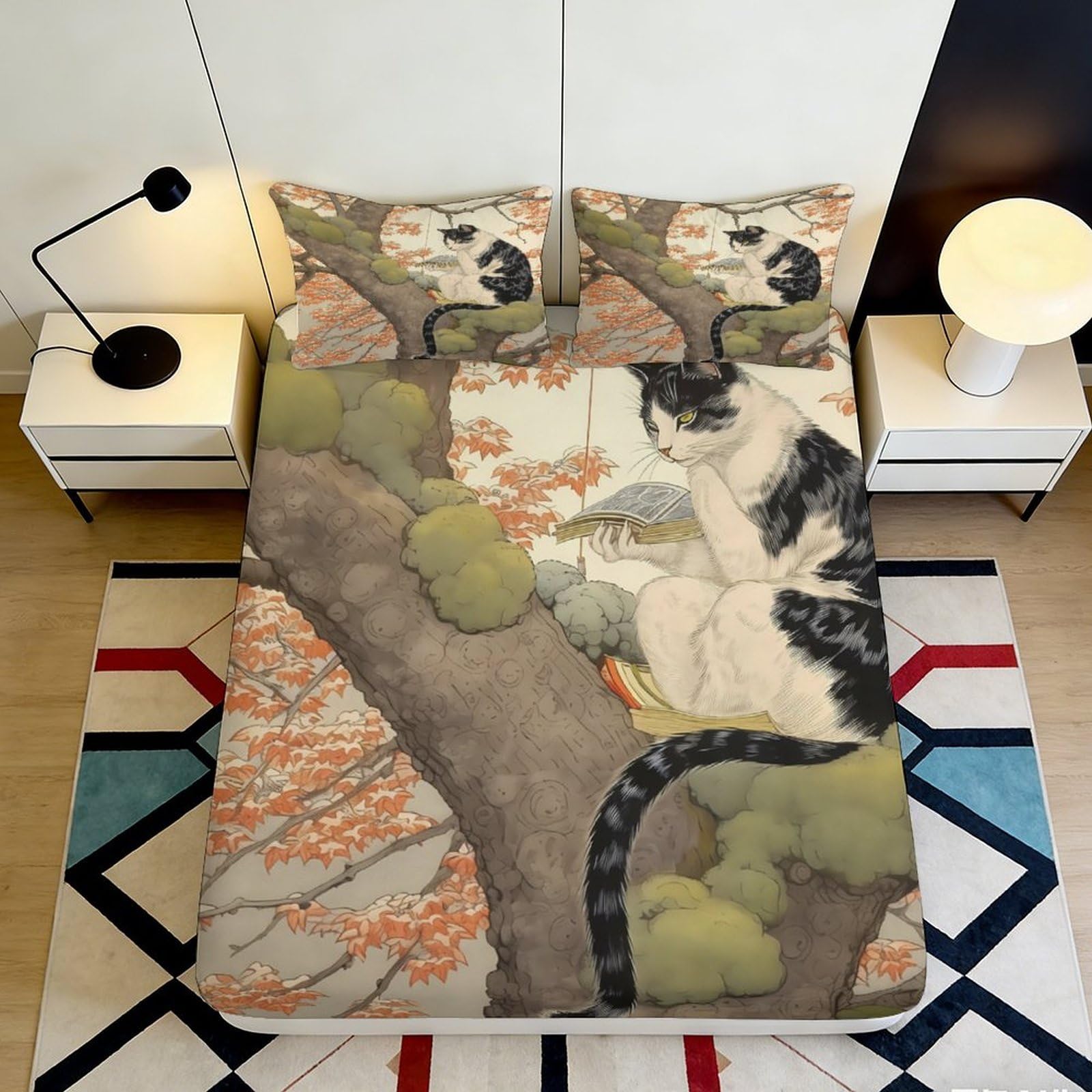 3D Printed Forest Cat Fitted Sheet Microfiber Deep Pocket Non-Slip Bedroom Bedding Forest Cat Mattress Fitted Cover Washable 140x200x25cm