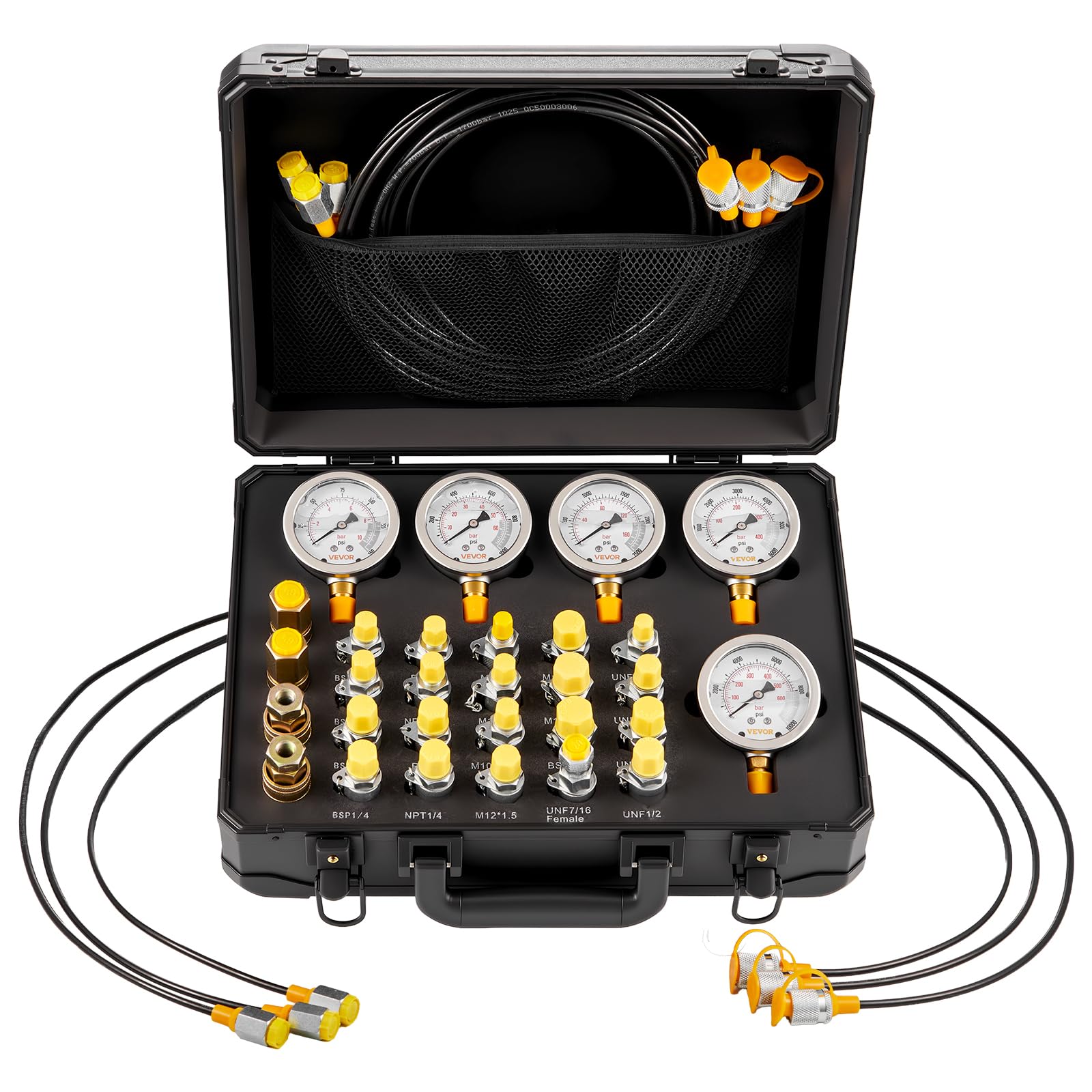 VEVOR Kit de Prueba de Presión Hidráulica, de 10/60/160/400/600 bar, Incluye 5 Manómetros, 20 Acoplamientos, 4 Acoplamientos Rápidos y 3 Mangueras para Excavadoras y Maquinaria de Construcción
