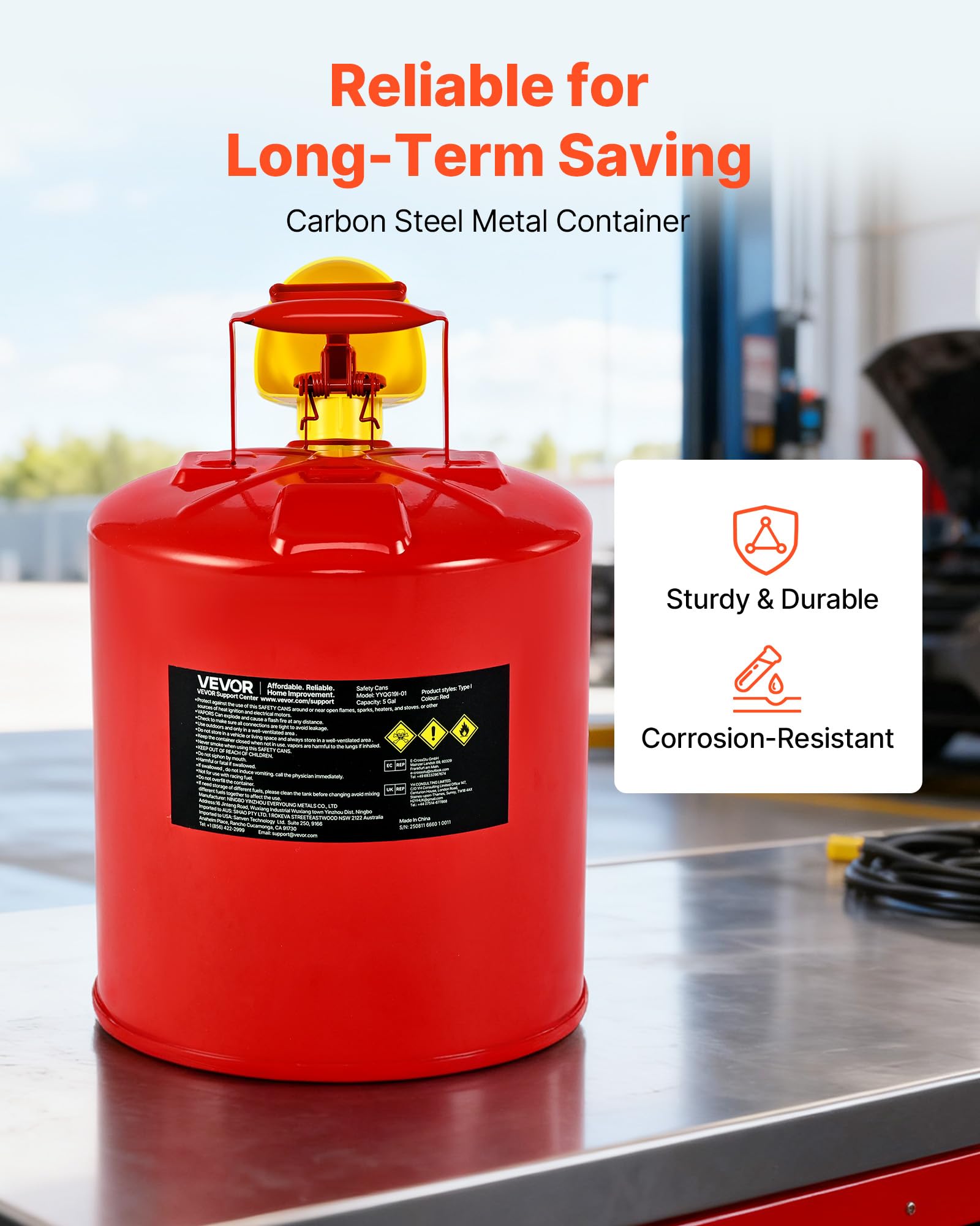 VEVOR Tanica di Sicurezza per Benzina Tanica di Sicurezza Rossa da 19 Litri di Tipo I per Benzina con Parafiamma in Acciaio Inossidabile, Coperchio a Chiusura Automatica e Imbuto in PE