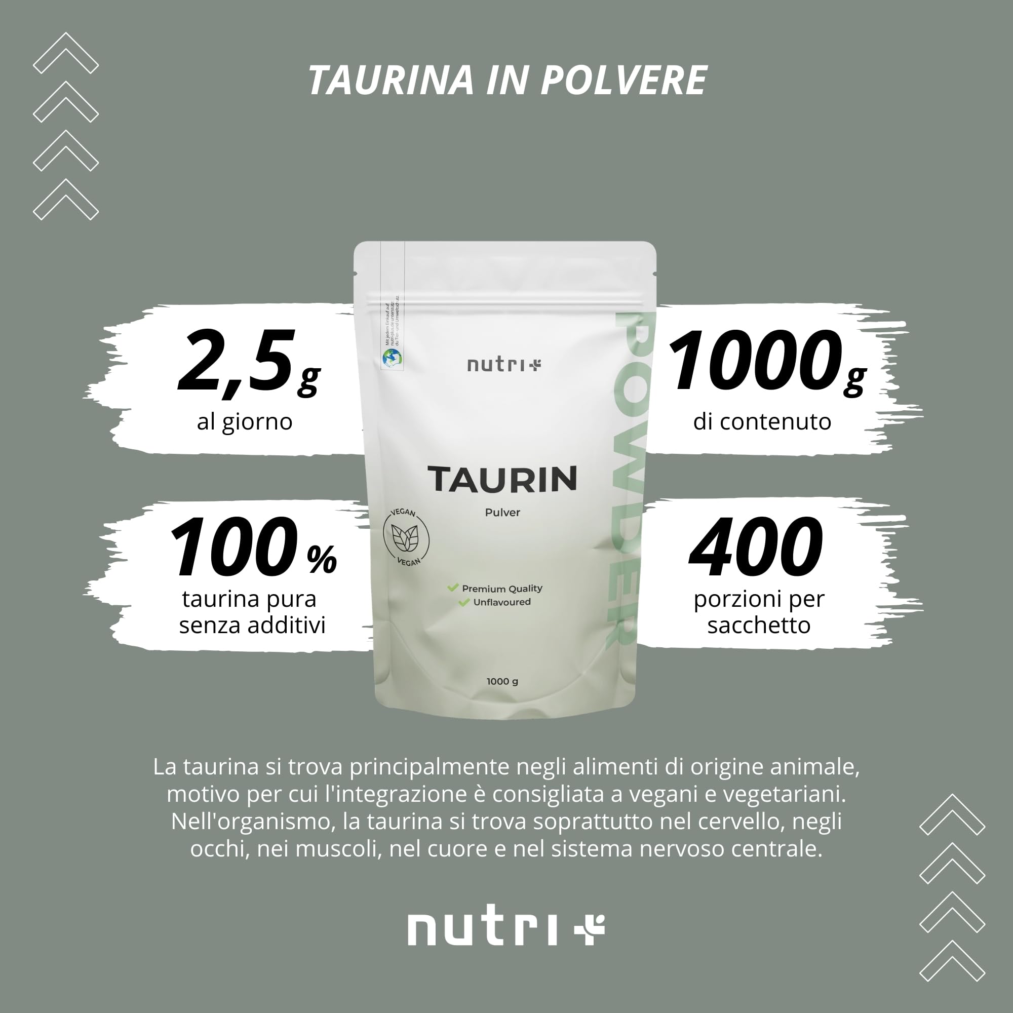 Nutri + Taurina in Polvere 1 kg - ad alto Dosaggio - Base vegetale tramite Fermentazione - pura Taurina 1000 g - vegana - neutra - naturale senza Additivi - Qualità premium