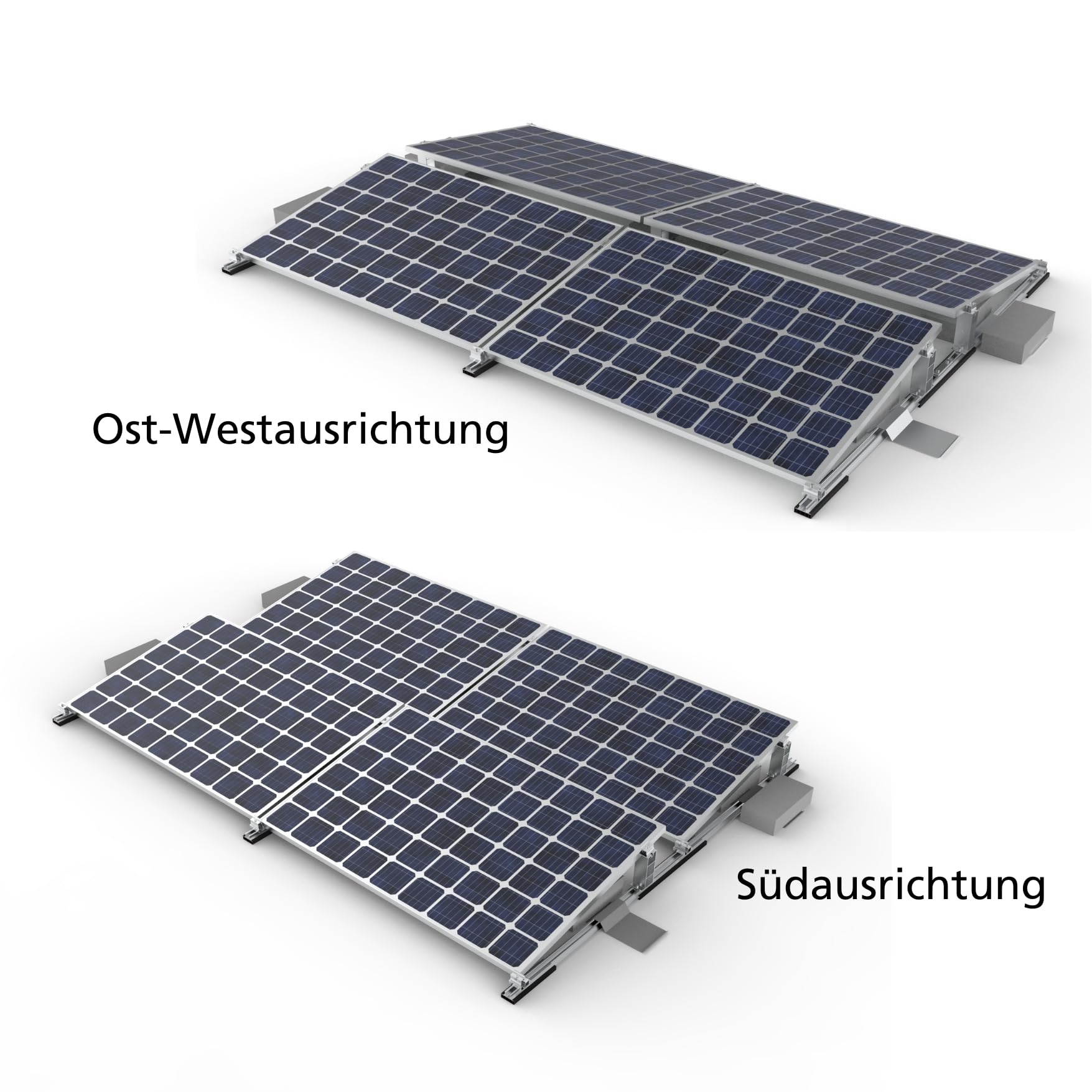 Komplette Montageset für 4 Solar Module geeignet für Flachdach, Garagedach und ebener Boden bis zu 5° Dachneigung, Aufstellungwinkel 10°, Süden oder Ost-West Ausrichtung