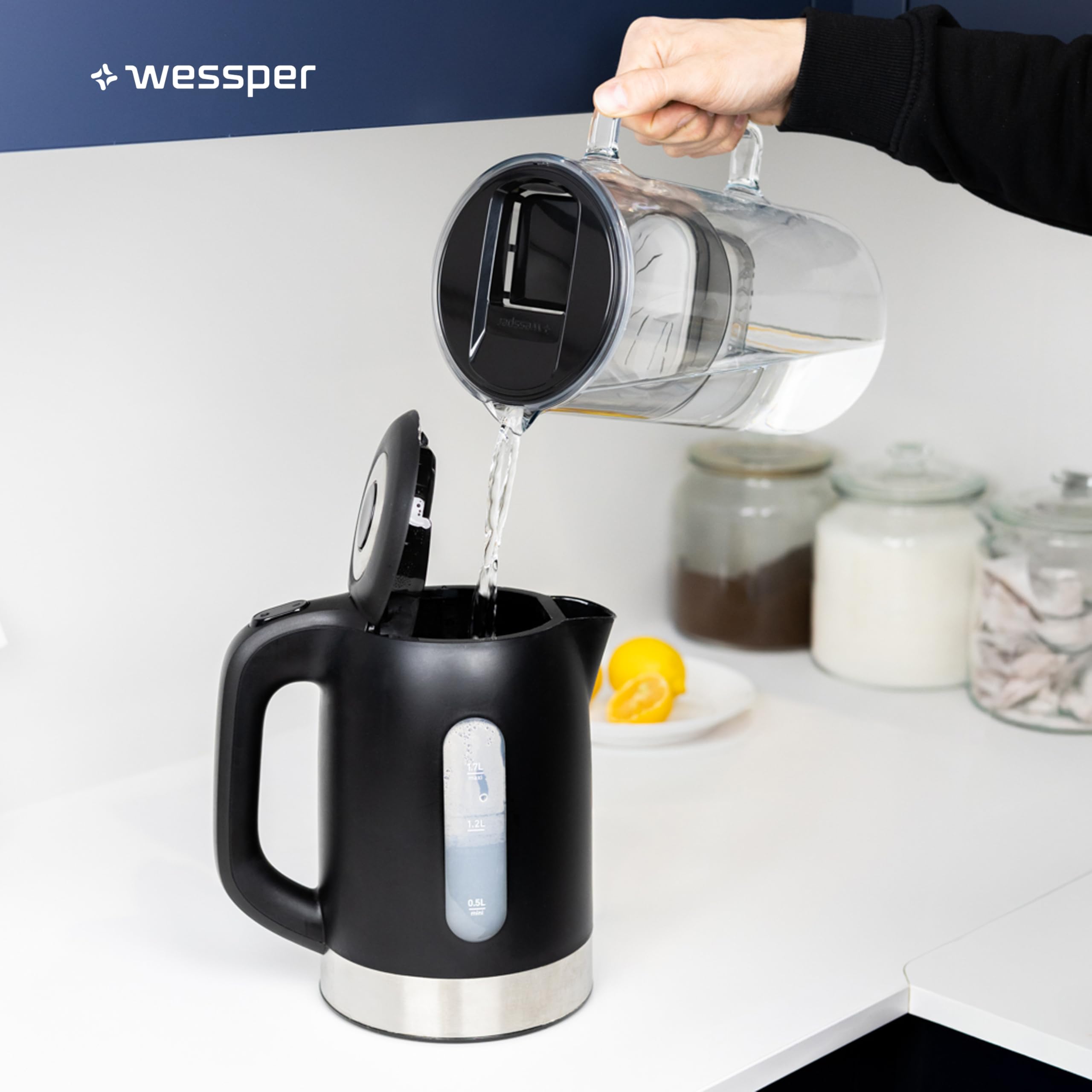 Wessper Carafe Filtrante en Verre 3L avec deux Filtres Eau, Compatibles avec Brita Maxtra, Brita Maxtra Plus, Kit Carafe avec 2 Cartouche Filtrante - Noir