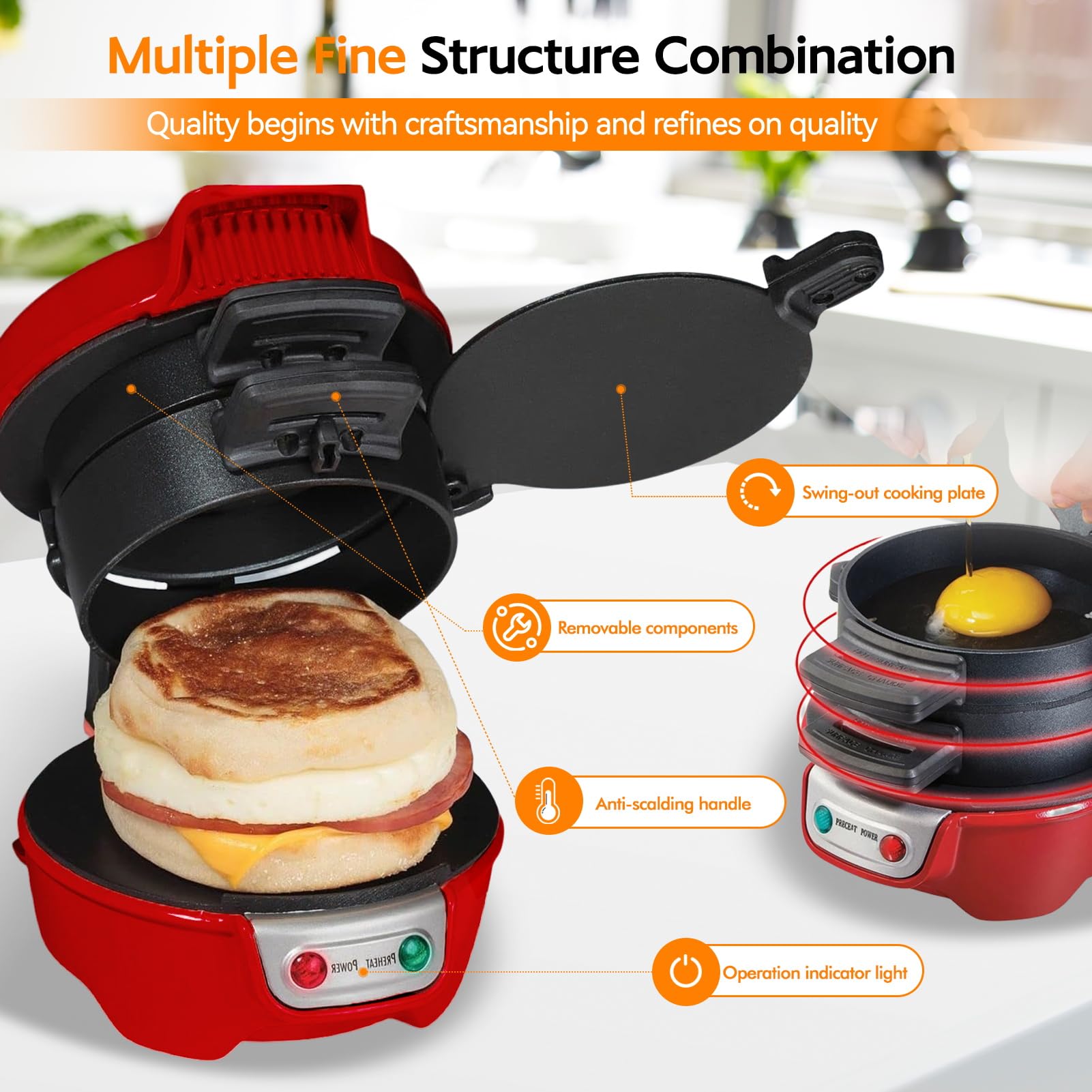 Elektrischer Sandwichtoaster Burger Maker, Muffin Maker & Gegrillter Sandwichmaker, Mit OmelettRing, Kochplatten Mit Nicht-Stick, Perfekt Für Hamburger, Snacks, Schnelles Frühstück (Rot)