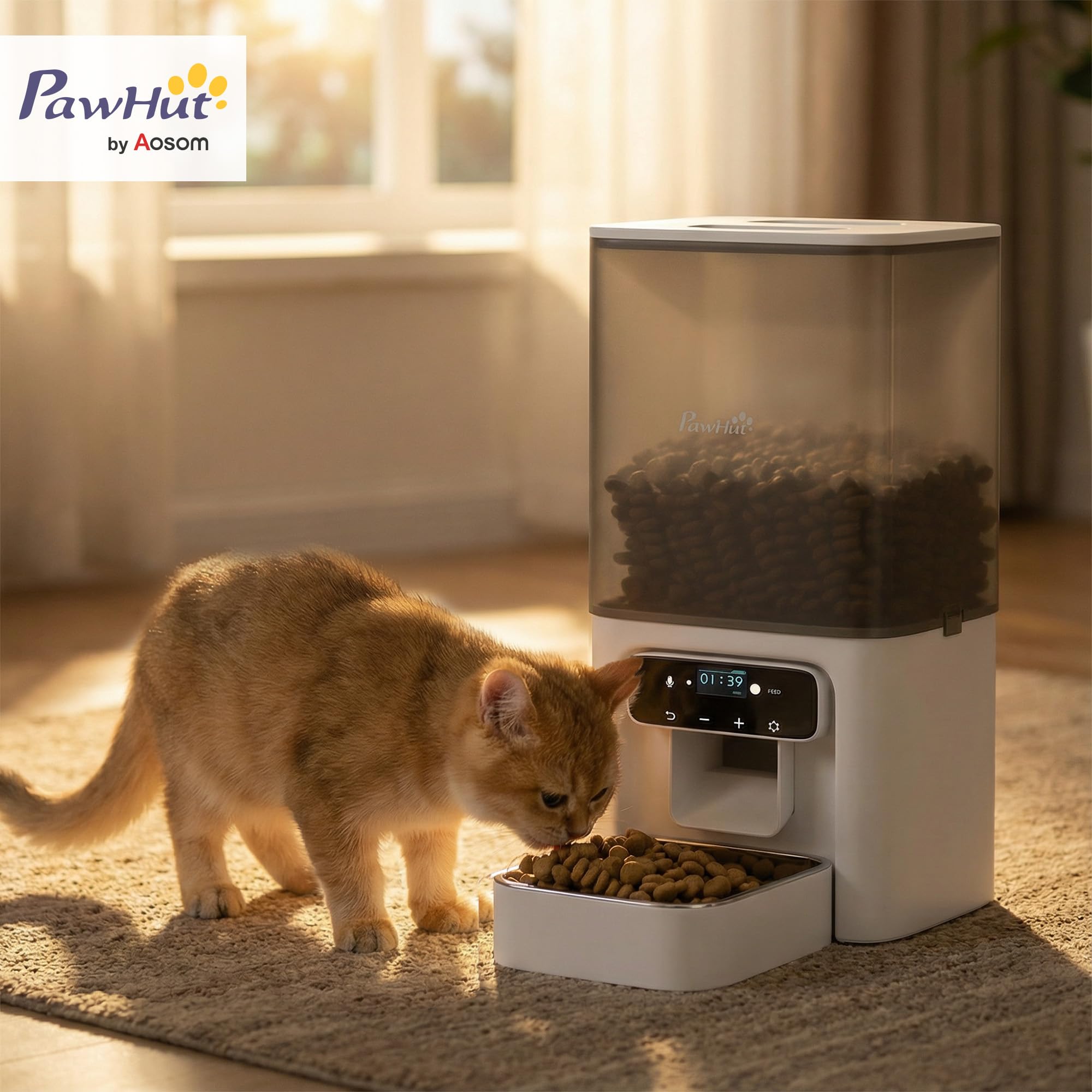 PawHut Dispensador automático Comida Gatos, 4,5L Varios Gatitos | Cuenco de acero inoxidable, temporizador hasta 6 comidas, grabadora de voz, alimentador programable, control de porciones