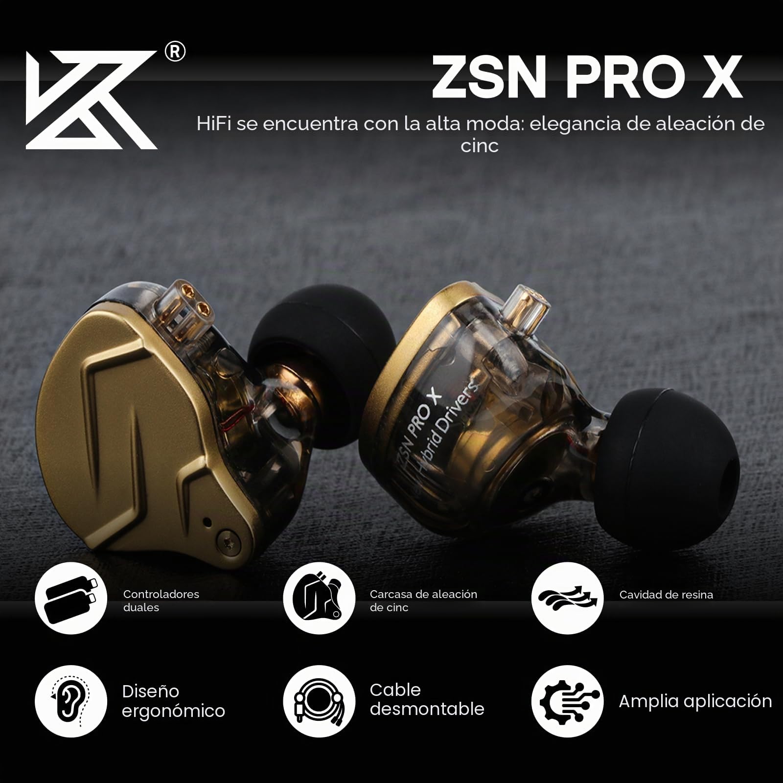 Auriculares Linsoul KZ ZSN PRO X Dual Driver 1BA+1DD Híbrido de metal, HiFi, monitor en la oreja con cable desmontable de 2 pines (con micro, dorado)