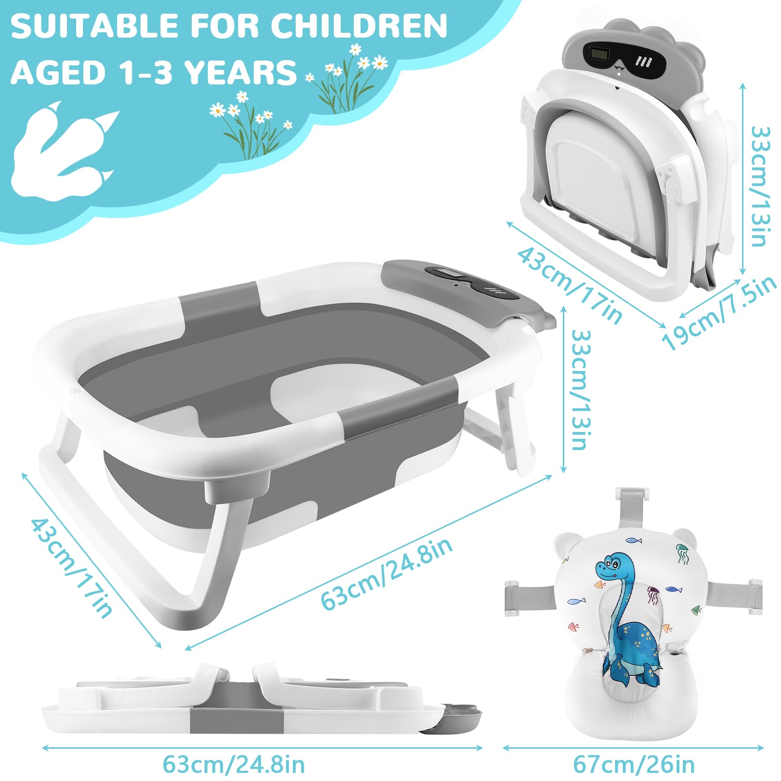 Williyatt Vaschetta da Bagno Pieghevole, Vaschetta Bagnetto Neonato con Indicatore di Temperatura, Vaschetta da Bagno Portatile con Tappetino Antiscivolo, Foro di Drenaggio, per Bambini da 0 a 36 Mesi