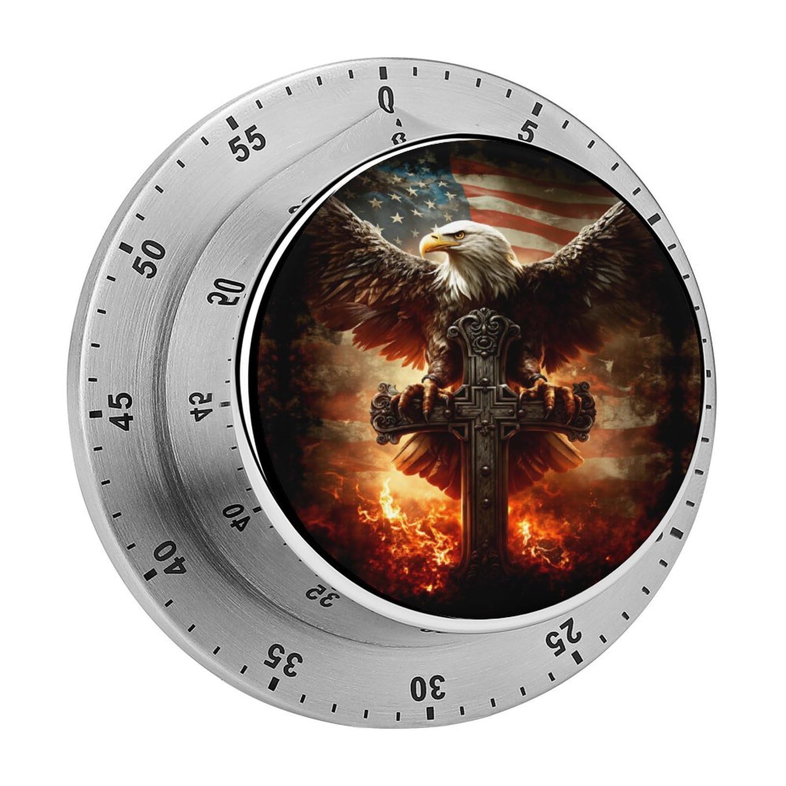 Eagle Cross American Flag Patriotic 60 Minute Wind Up Timer,Visual Mechanical Magnetic Timer with Loud Alarm for Kitchen