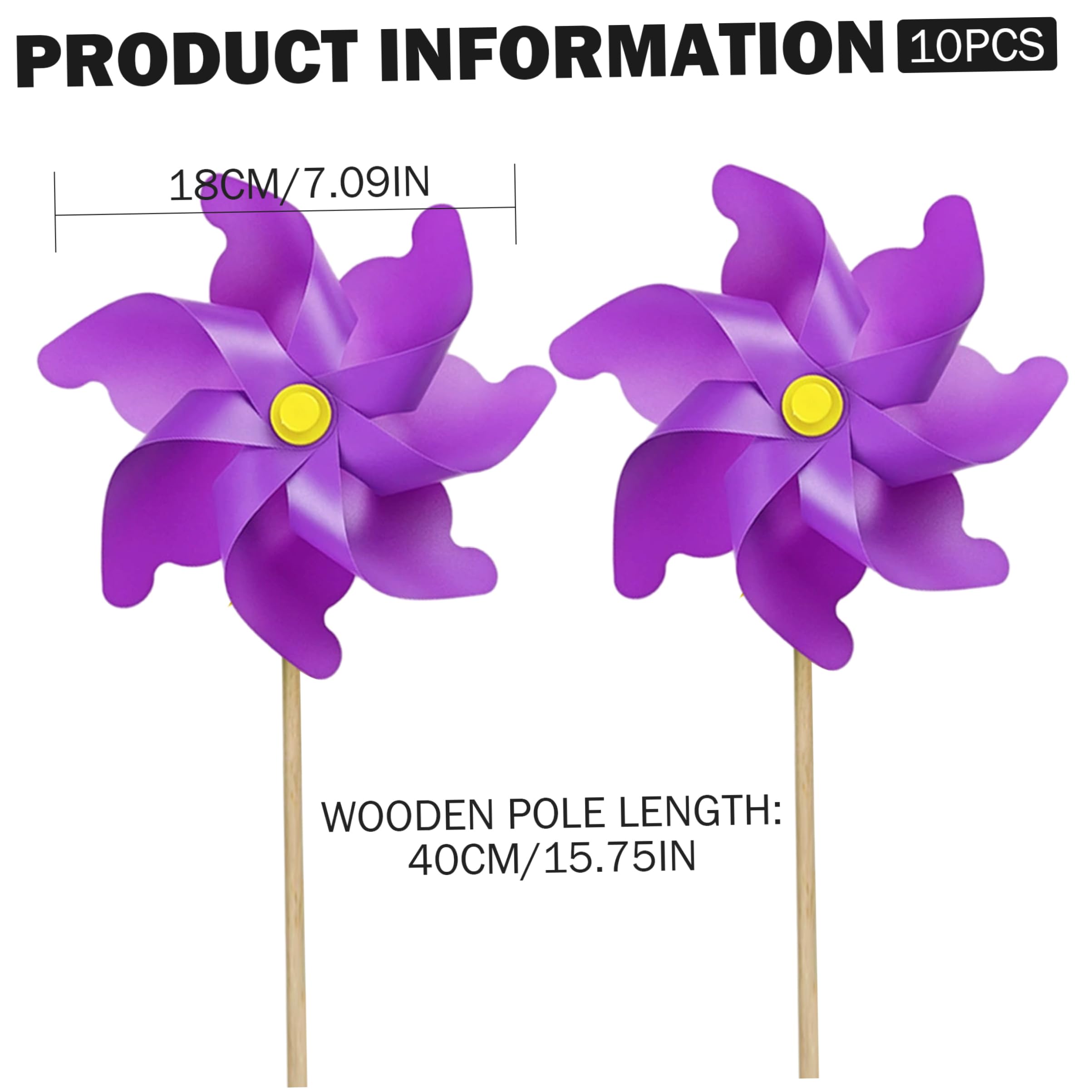 10 Stück 7-Zoll-Windräder aus Kunststoff für den Garten mit 15-Zoll-Holzstange, Windspiele für den Außenbereich, Windräder für Garten und Kinderspiele, Vogelschreckgerät, Lila