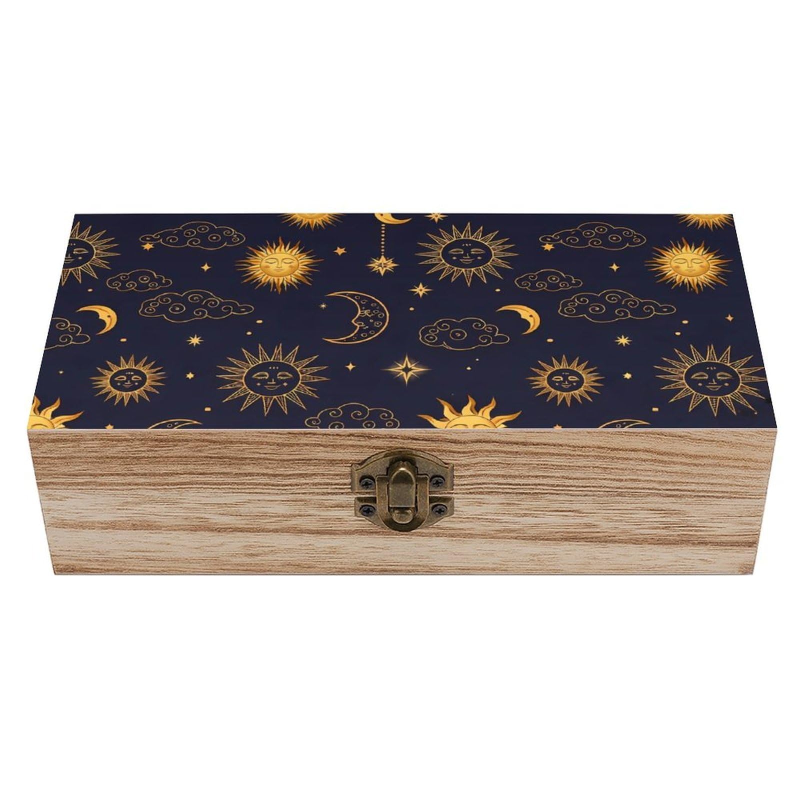 SMAZDFXX Sun Moon Boho Astrology Art Wooden Storage Box With Hinged Lid Decorative Front Clasp Keepsake Boxes