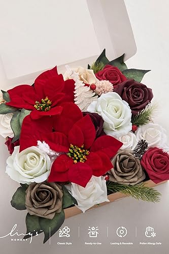 Miniatura 5 de Ling's Moment Flores de Navidad artificiales, flores de Pascua rojas artificiales y vegetación, combo de lujo para ramo de novia de boda, centros de