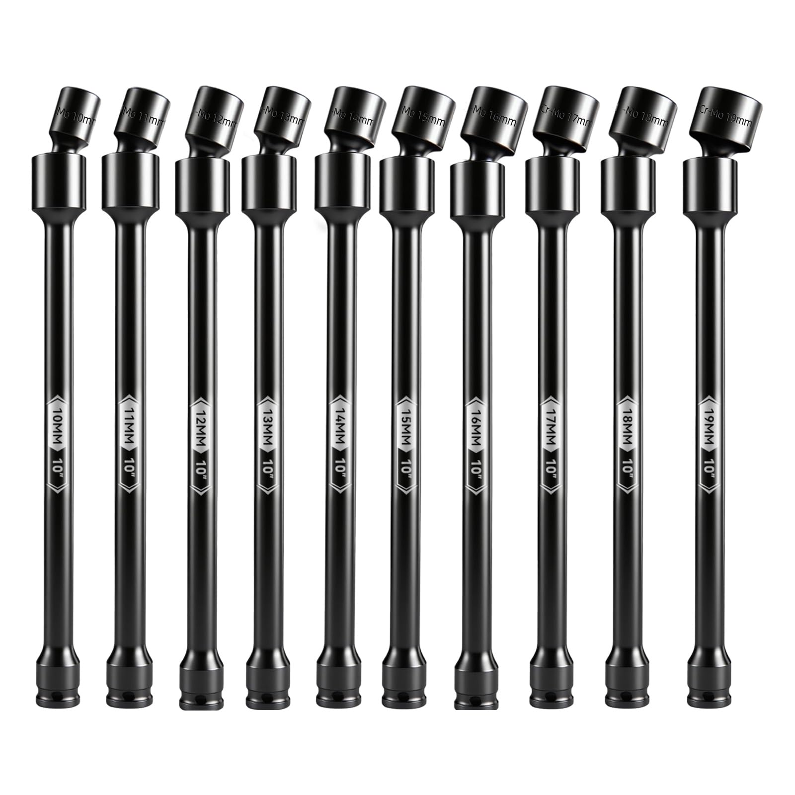 BLACKROBOT 10-Inch 3/8" Drive Impact Swivel Extension Socket Set - Pinless Universal Joint, Metric Size (10-19mm), 6-Point, Cr-Mo Steel