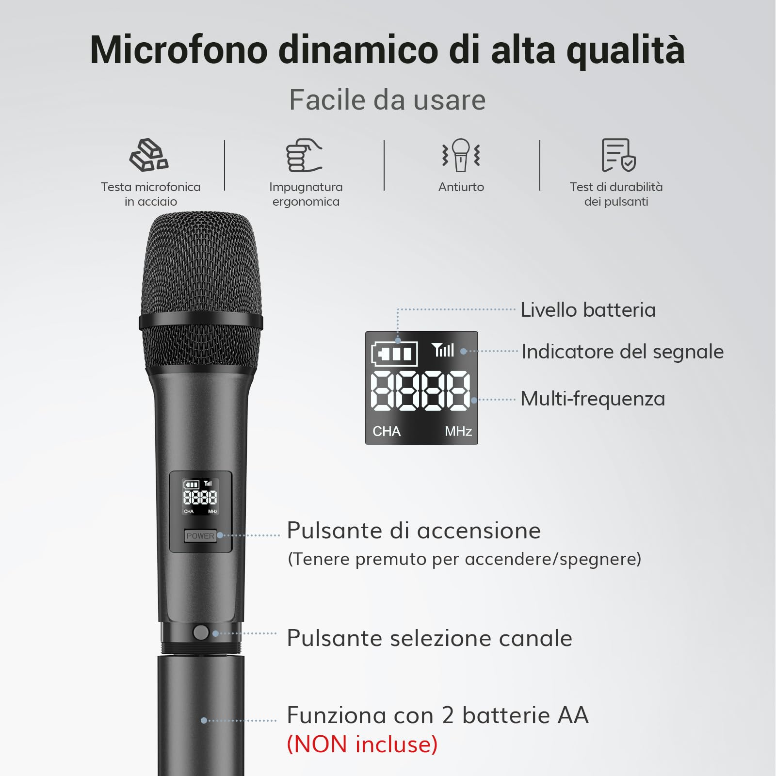 TONOR Microfoni senza fili, Cordless Dual Handheld Dynamic Karaoke Singing Mic System con Ricevitore per Karaoke, Home KTV, Matrimonio, Festa, Chiesa, 2x5 UHF Frequenze Regolabili, 60M TW450 Grigio
