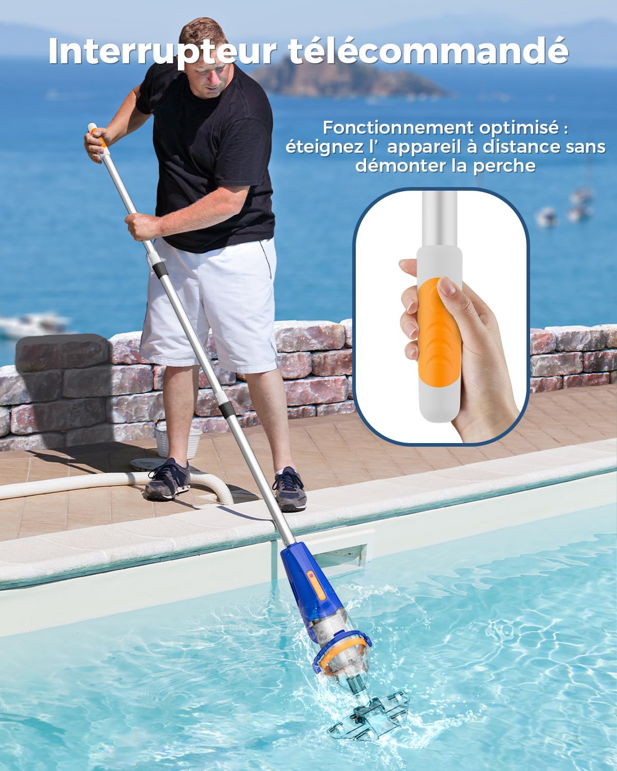 Great Shark Aspirateur Piscine sans Fil avec Interrupteur à Distance, Perche Télescopique 1,8 m, 75 Min d’Autonomie, Aspiration 18 GPM, Nettoyeur Piscine pour Piscines Hors Sol, Spa et Jacu (Bleu)