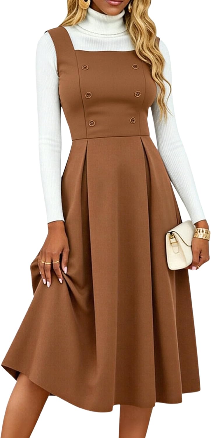 Womens Sleeveless Square Neck A Line Midi Tank Dress Double Breasted Casual Flowy Elegant Dresses