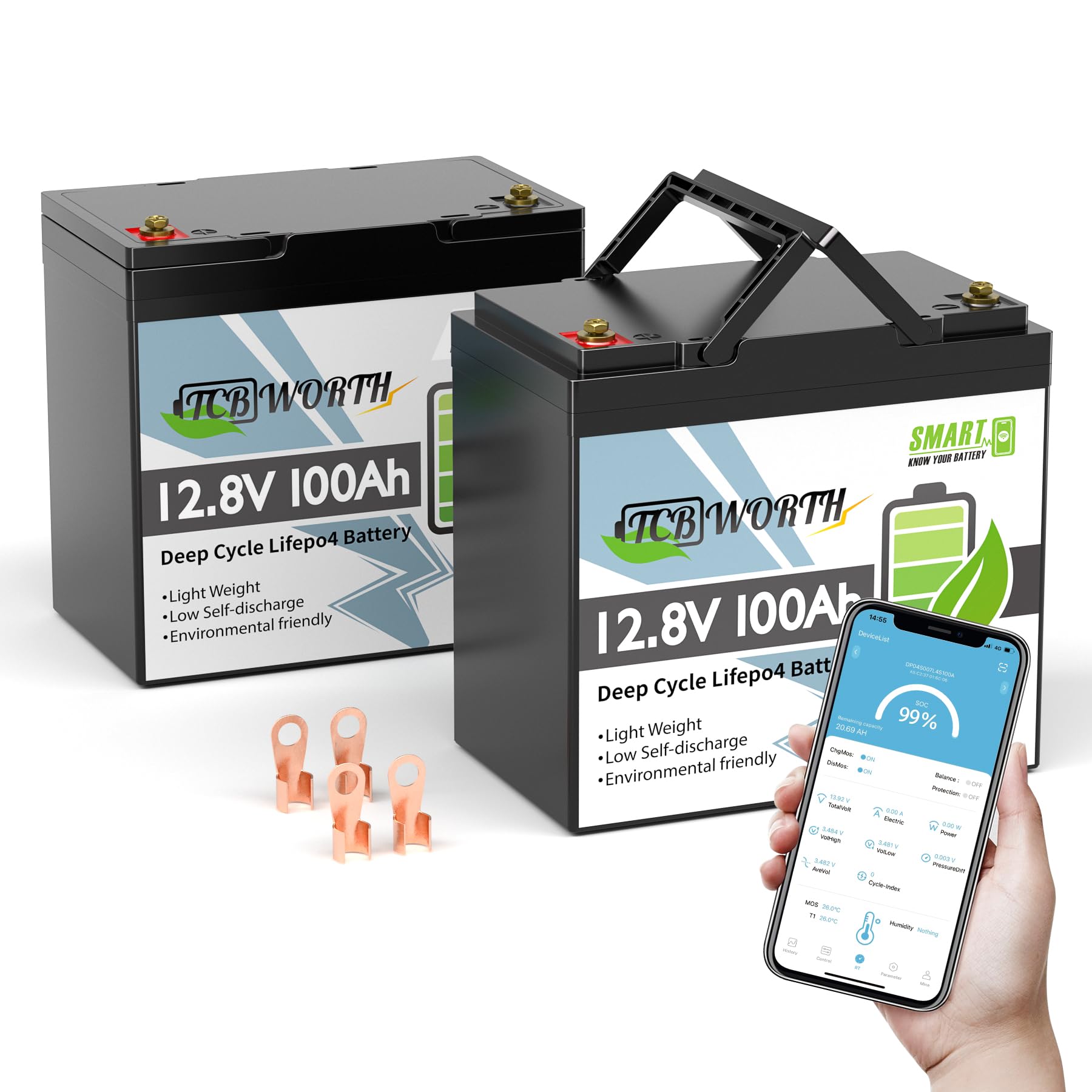 TCBWORTH Akumulator 12 V LiFePO4 100 Ah Bluetooth Mini 12 V akumulator litowy z ochroną 100 A BMS w niskiej temperaturze i 4000+ głębokim cyklem, do kampera, łodzi, solarium, 2 opakowania