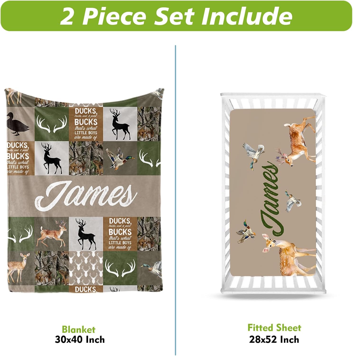 Personalized Crib Bedding Set for Boys Girls, Custom Baby Crib Sets with Name, Multi-grid Deer Design Nursery Bedding 2 Piece - Soft Blanket with Double Layer Dotted Backing, Crib Fitted Sheet