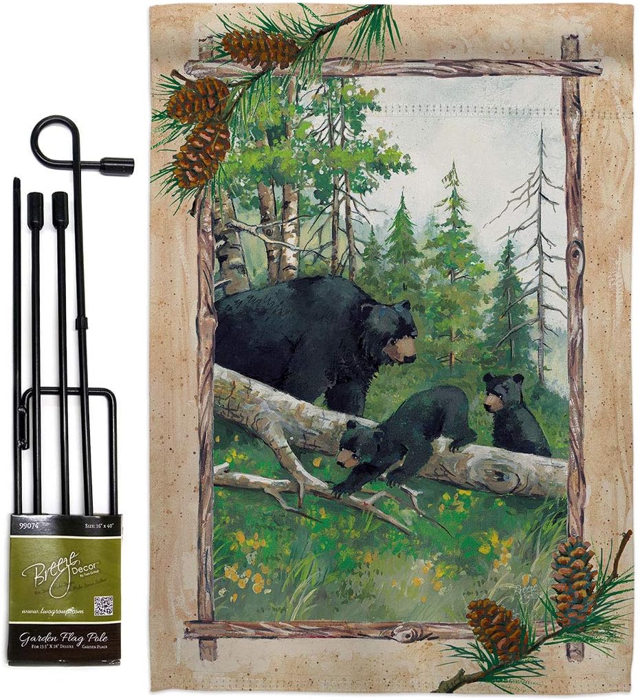 Black Bear Cubs Garden Flag Set with Stand Animals Wildlife Outdoor Deer Wolf Pet Nature Farm Animal Creature Small Decorative Gift Yard House Banner Double-Sided Made In USA 13 X 18.5